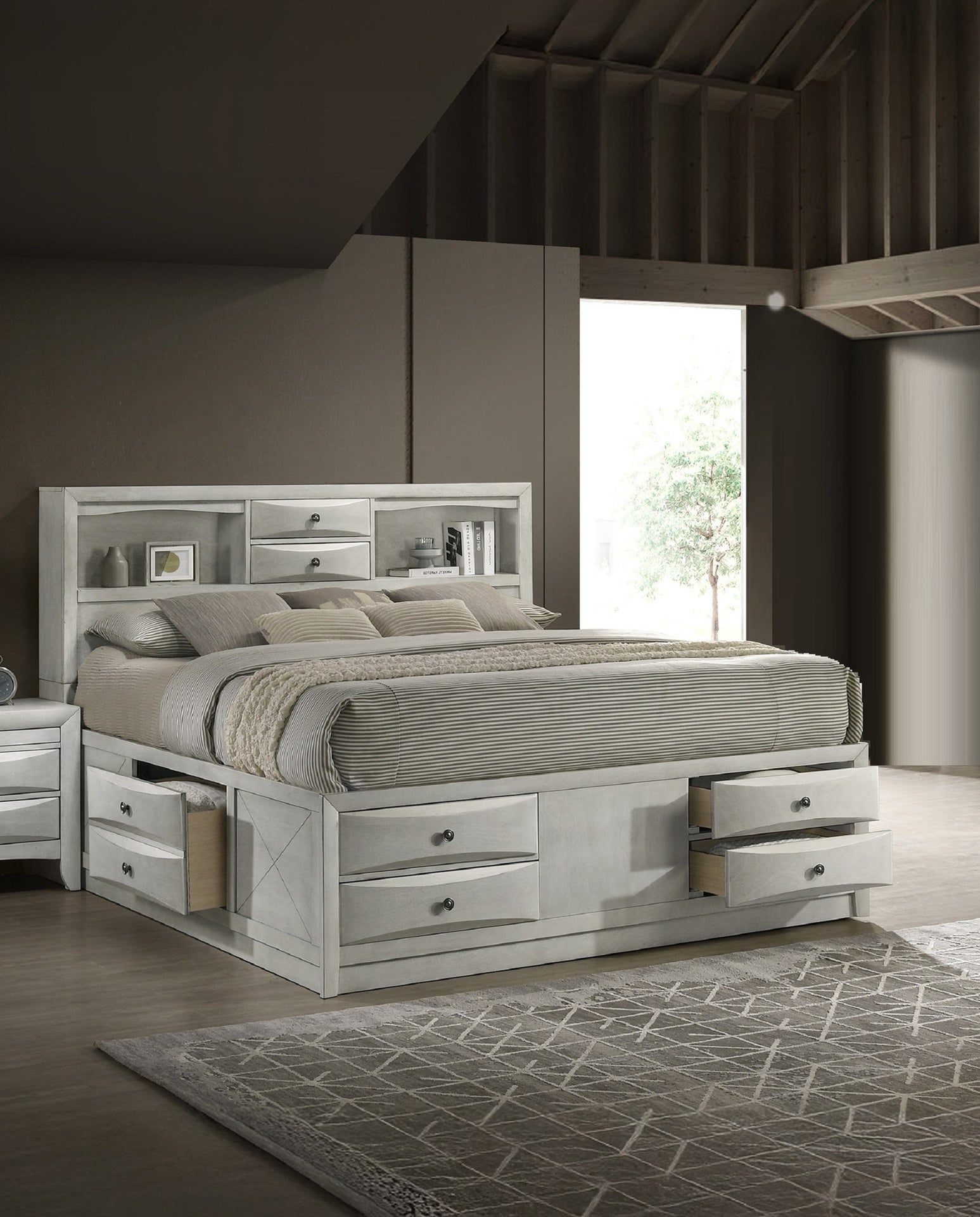 1pc King Bed Built-in Shelving Storage Compartments Integrated Storage Drawers Bed Frame Neutral White Finish
