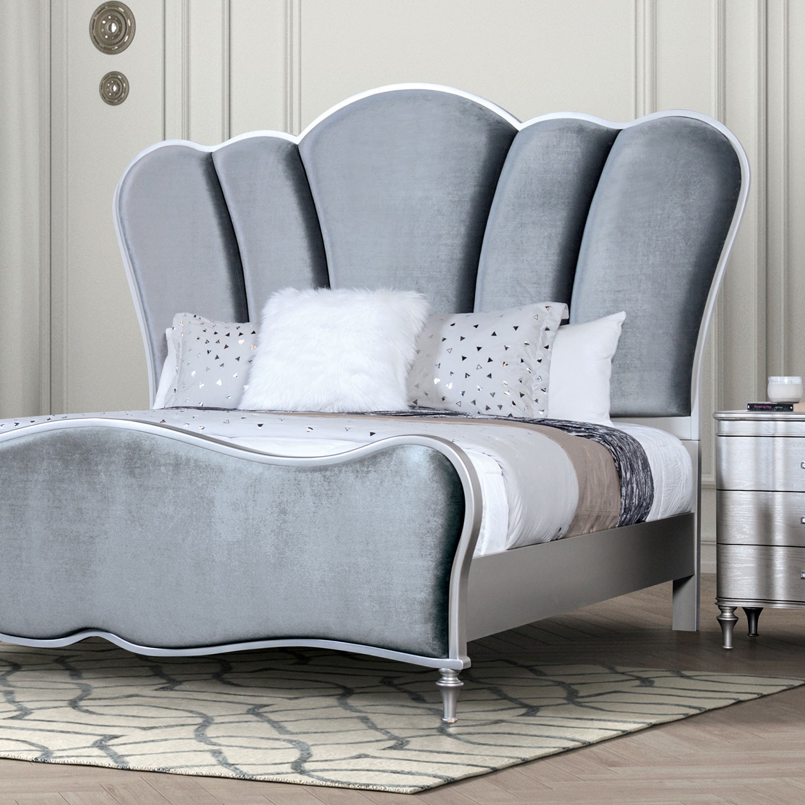 Glam Beautiful Silver Fabric 1pc Eastern King Size Bed Padded Channel Headboard Bedroom Furniture