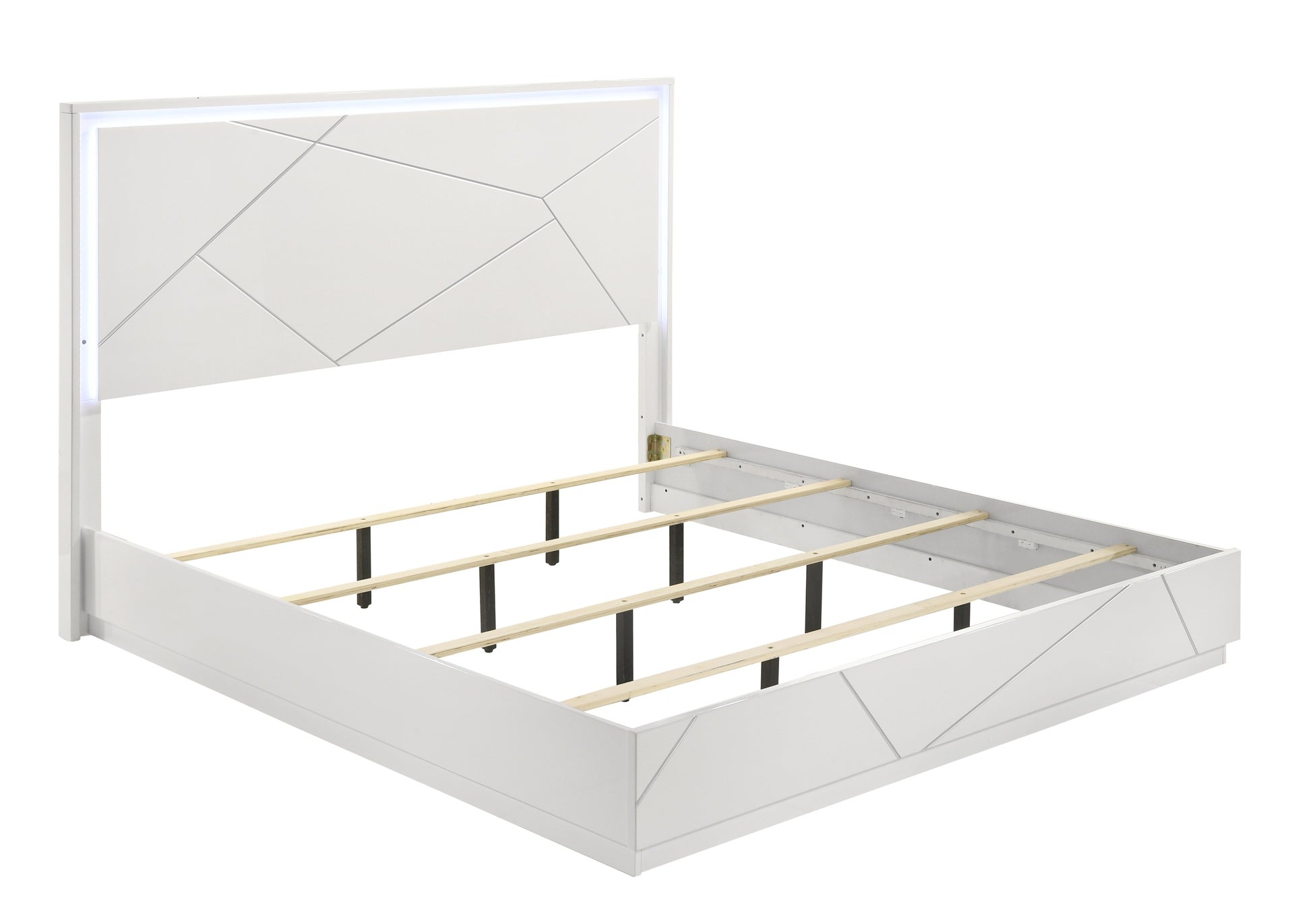 Manhattan Queen Bed – Contemporary Geometric Design with LED Lighting & High-Gloss Lacquer Finish, Durable Minimalist Style for Modern Bedrooms (NJ Inventory)