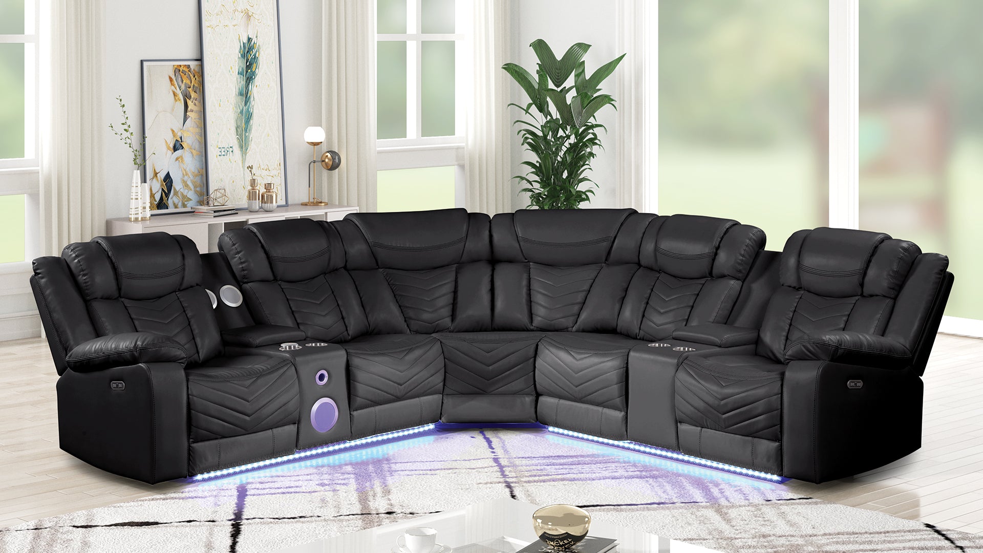 CHALLENGER Modern Style Recliner Sectional Sofa, Built in USB-C Ports & Bluetooth, made with Wood & Faux Leather in Black(NJ INVENTORY)
