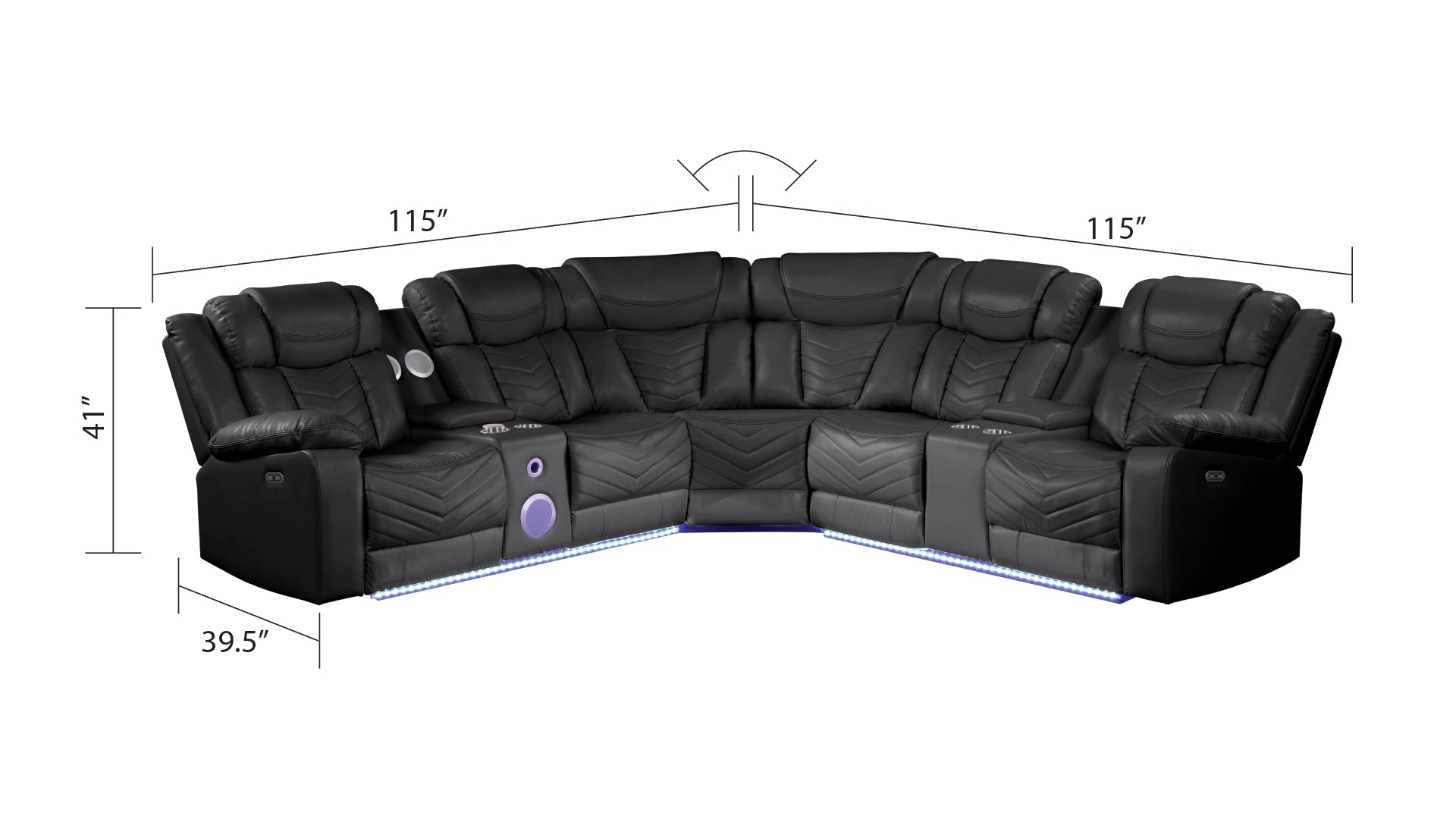 CHALLENGER Modern Style Recliner Sectional Sofa, Built in USB-C Ports & Bluetooth, made with Wood & Faux Leather in Black(NJ INVENTORY)