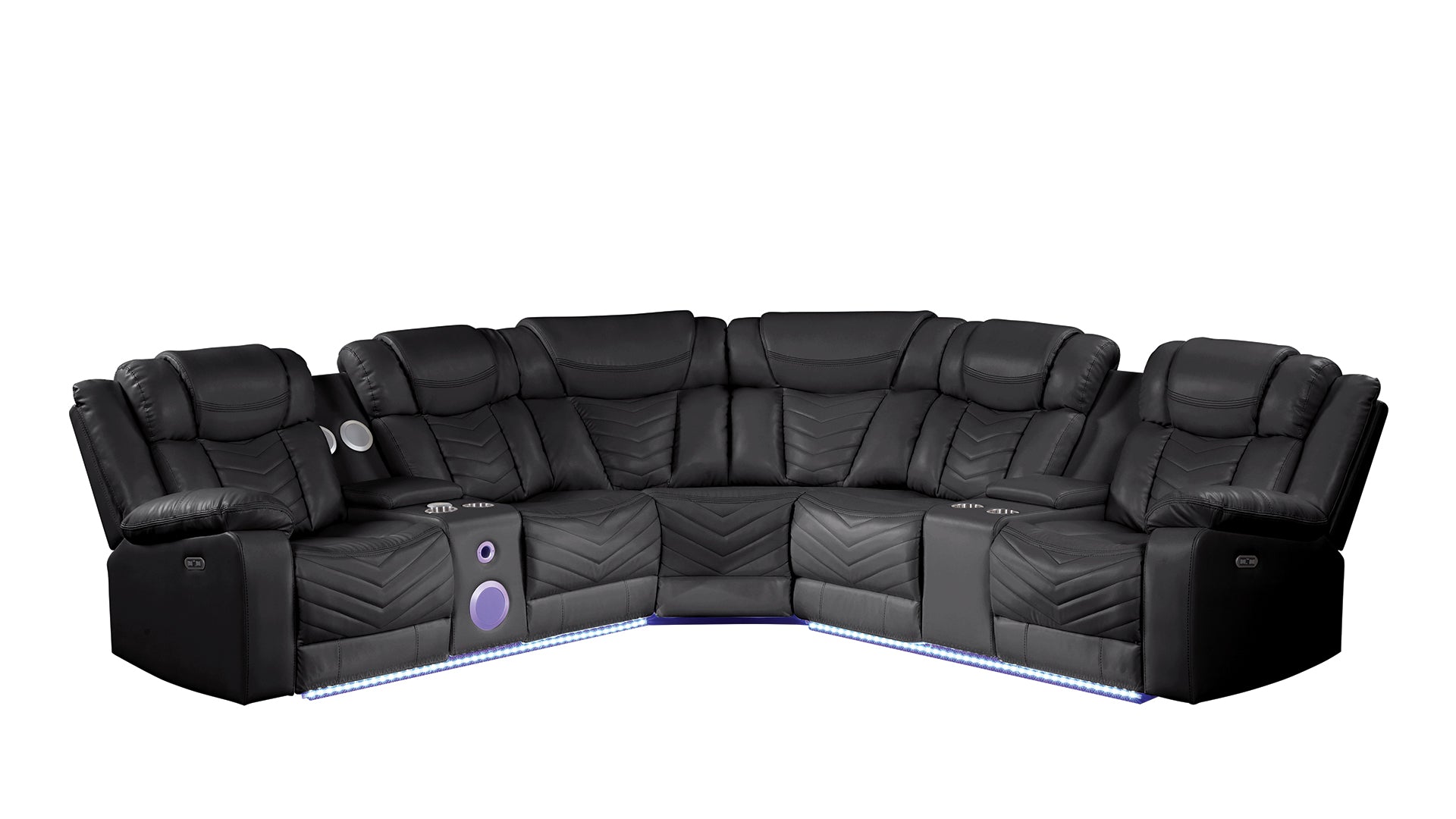 CHALLENGER Modern Style Recliner Sectional Sofa, Built in USB-C Ports & Bluetooth, made with Wood & Faux Leather in Black(NJ INVENTORY)