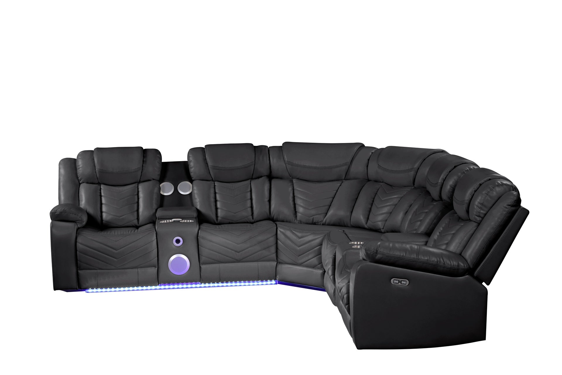 CHALLENGER Modern Style Recliner Sectional Sofa, Built in USB-C Ports & Bluetooth, made with Wood & Faux Leather in Black(NJ INVENTORY)