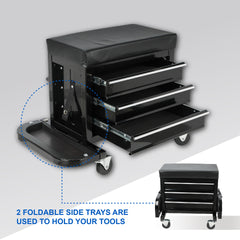 3-Drawer Tool Chest Rolling Mechanic Seat with Tool Trays,350lbs Max Weight Capacity,Black