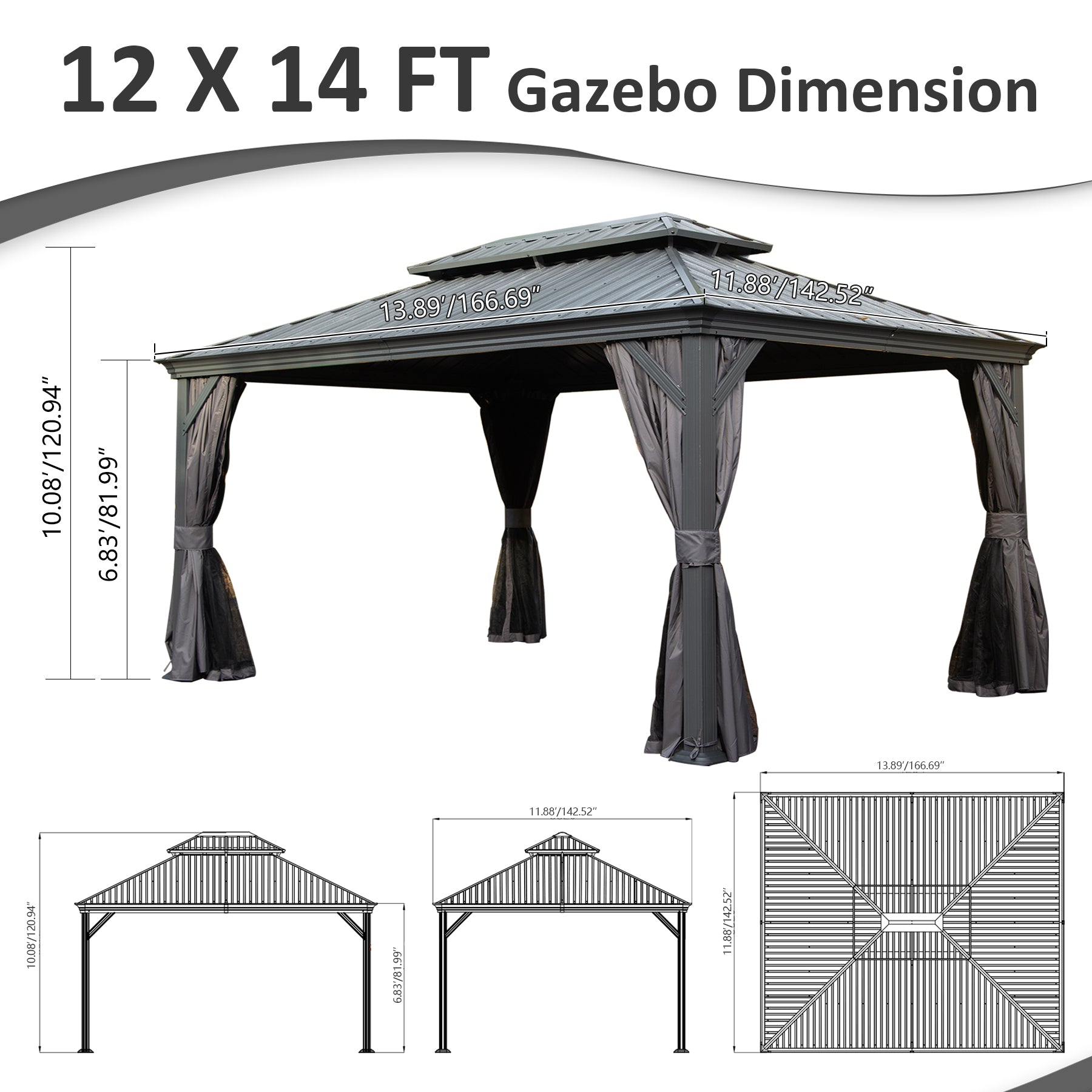 12' X 14' Hardtop Gazebo, Upgraded Metal Gazebo with Drainage System, Dual-Layer Galvanized Steel Roof, Curtain and Netting, Outdoor Shelter Canopy for Patio, Garden, and Backyard, Grey