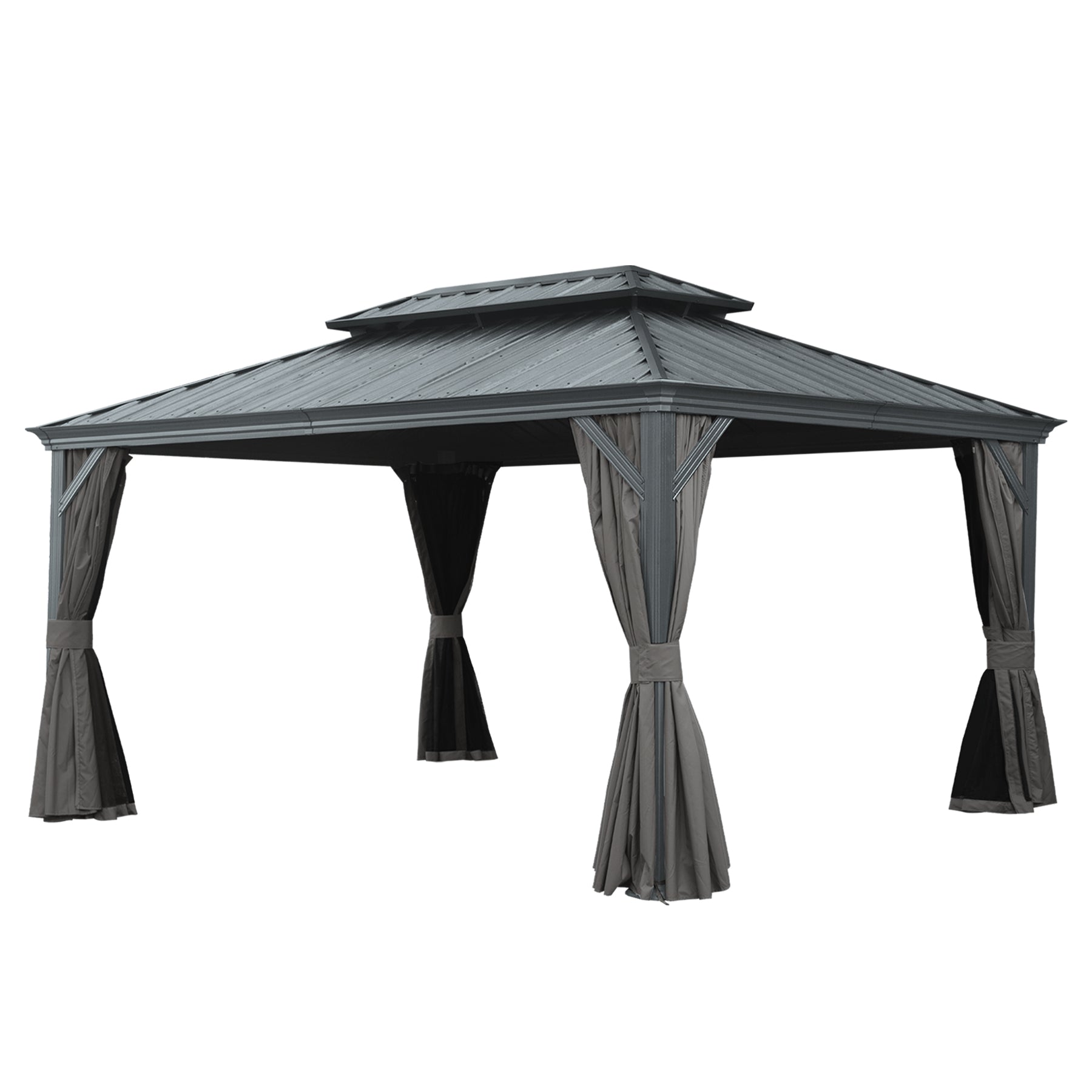 12' X 14' Hardtop Gazebo, Upgraded Metal Gazebo with Drainage System, Dual-Layer Galvanized Steel Roof, Curtain and Netting, Outdoor Shelter Canopy for Patio, Garden, and Backyard, Grey
