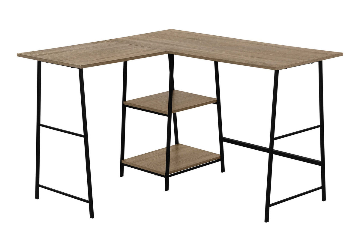 Computer Desk, Home Office, Corner, Storage Shelves, 48"l, L Shape, Work, Laptop, Brown Laminate, Black Metal, Contemporary, Modern
