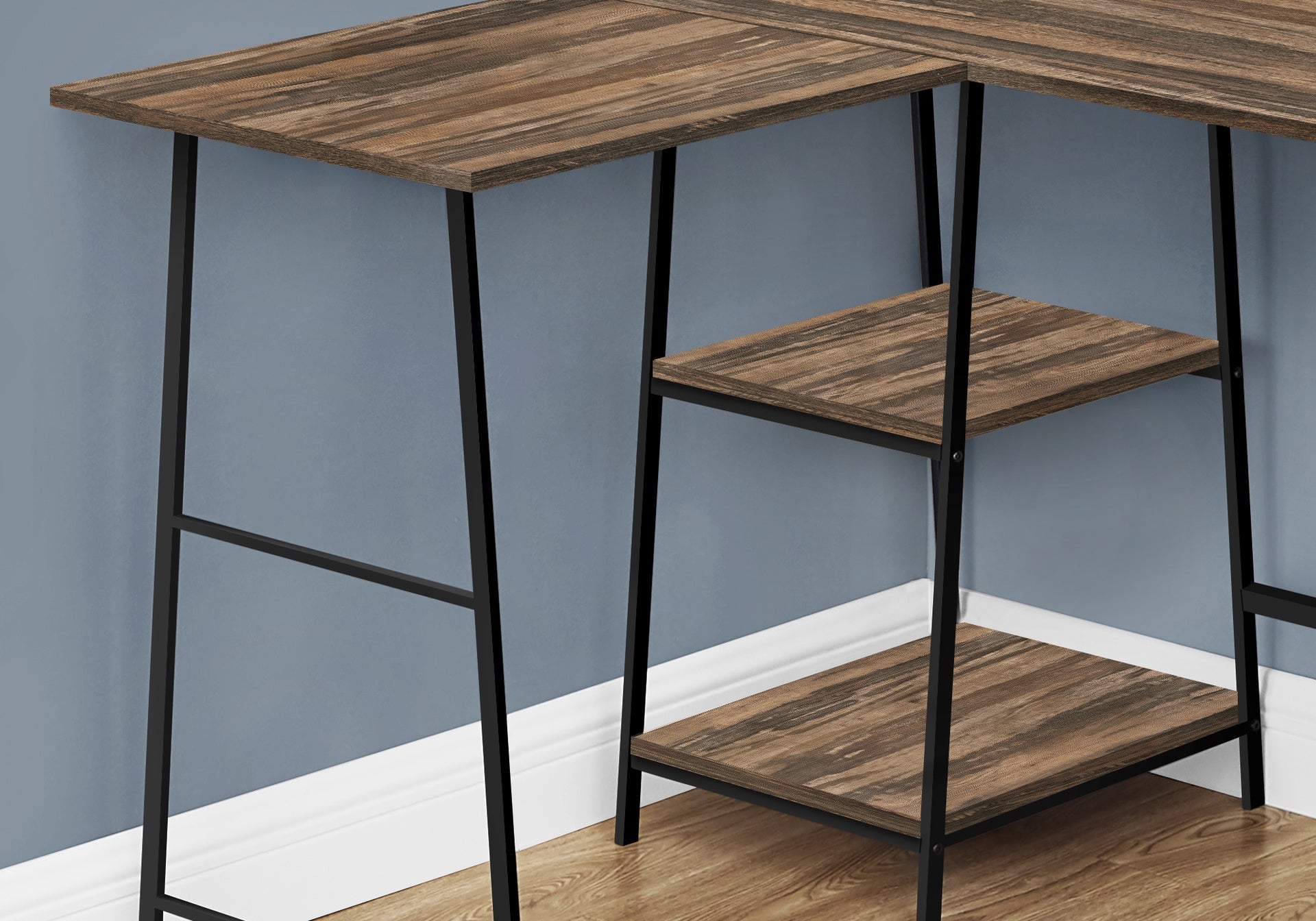Computer Desk, Home Office, Corner, Storage Shelves, 48"l, L Shape, Work, Laptop, Brown Laminate, Black Metal, Contemporary, Modern