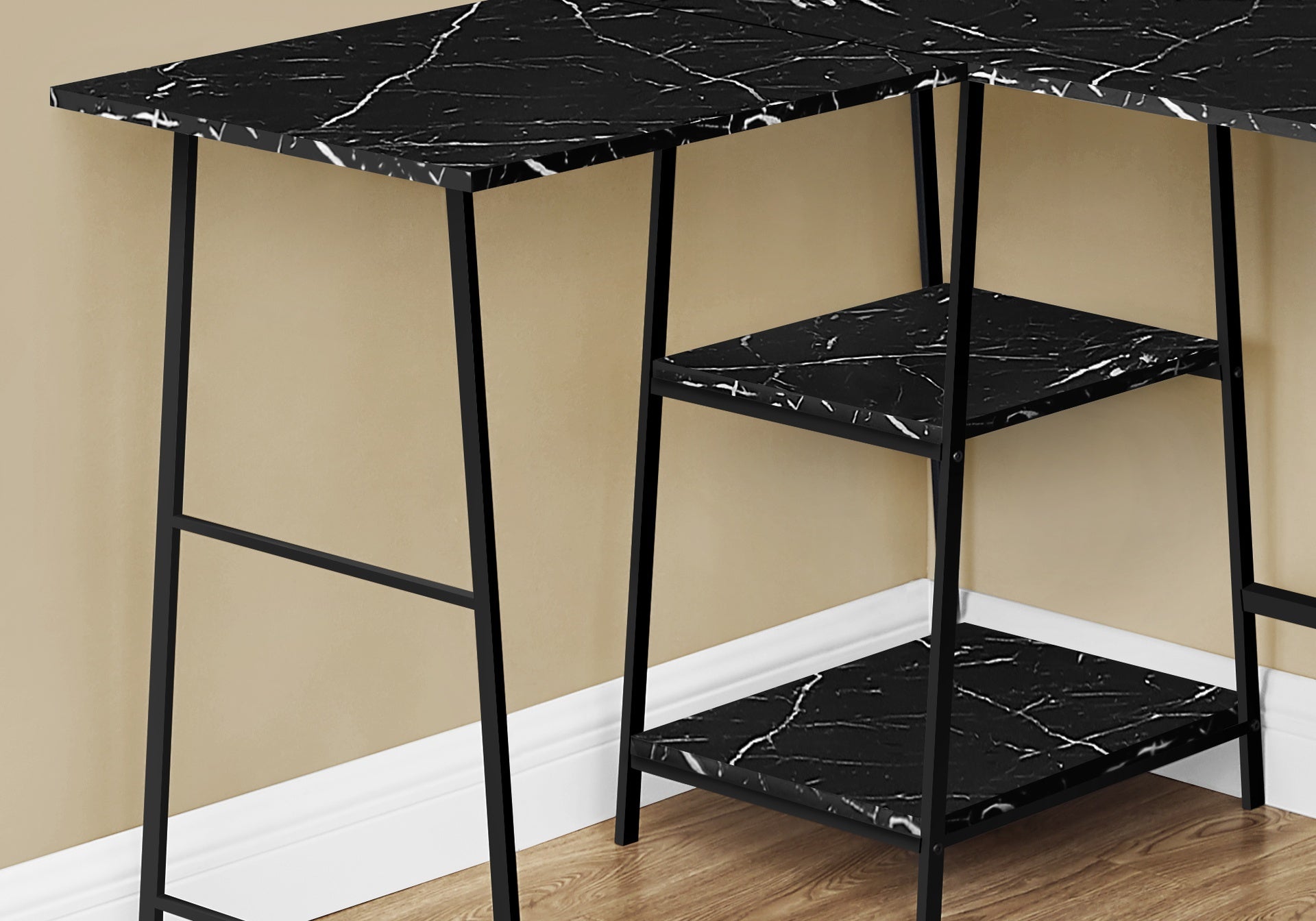 Computer Desk, Home Office, Corner, Storage Shelves, 48"l, L Shape, Work, Laptop, Black Marble Look Laminate, Black Metal, Contemporary, Modern