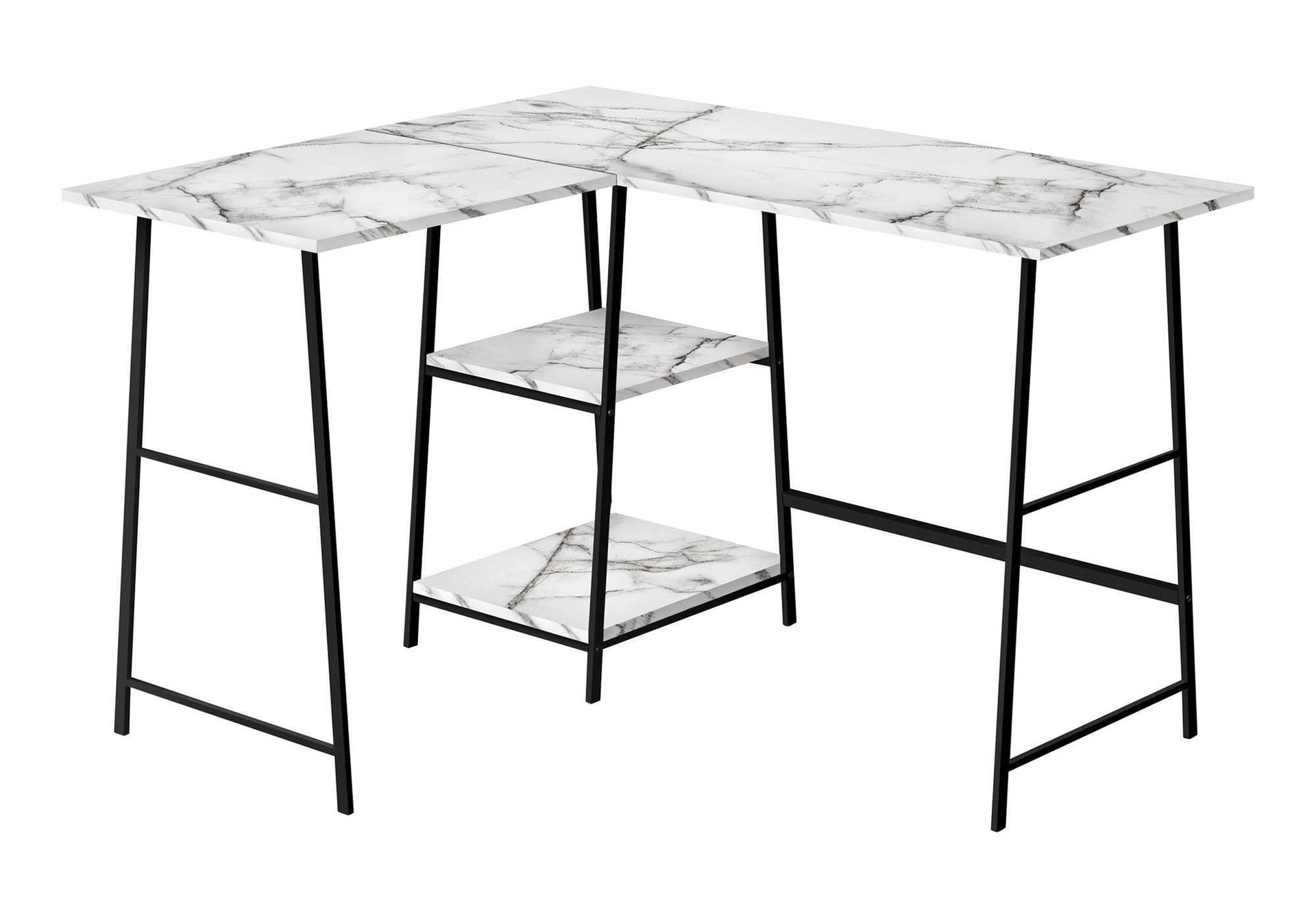 Computer Desk, Home Office, Corner, Storage Shelves, 48"l, L Shape, Work, Laptop, White Marble Look Laminate, Black Metal, Contemporary, Modern