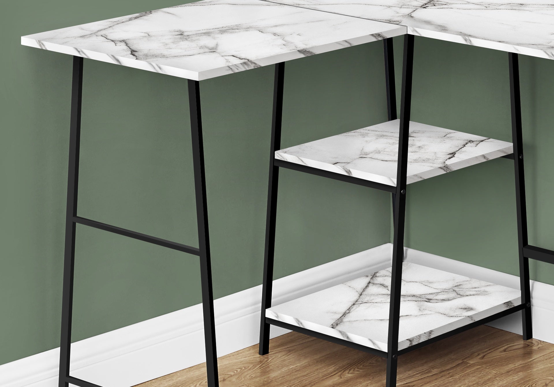 Computer Desk, Home Office, Corner, Storage Shelves, 48"l, L Shape, Work, Laptop, White Marble Look Laminate, Black Metal, Contemporary, Modern
