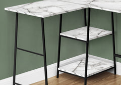 Computer Desk, Home Office, Corner, Storage Shelves, 48"l, L Shape, Work, Laptop, White Marble Look Laminate, Black Metal, Contemporary, Modern
