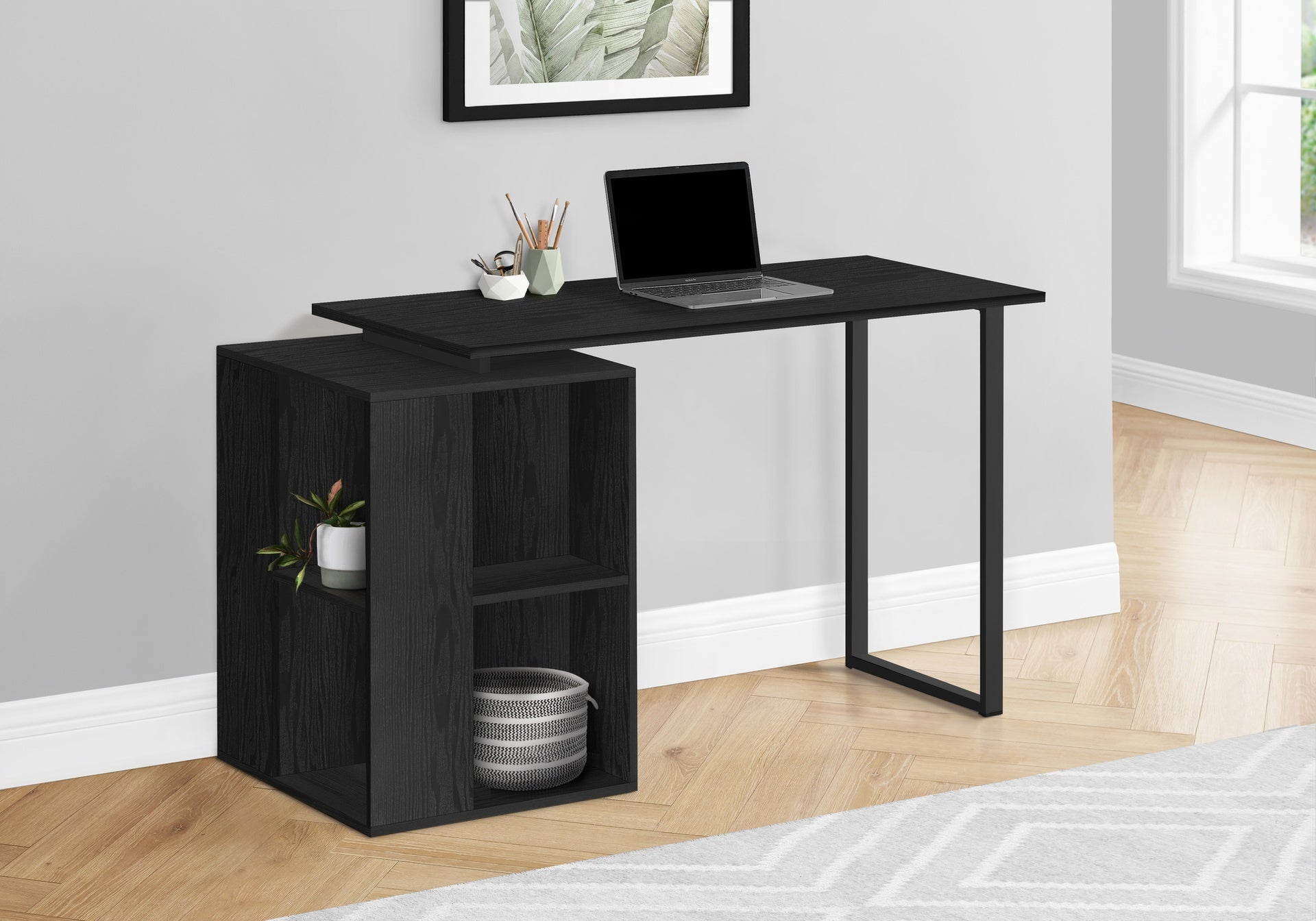 Computer Desk, Home Office, Left, Right Set-up, Storage Shelves, 55"l, Work, Laptop, Black Laminate, Black Metal, Contemporary, Modern