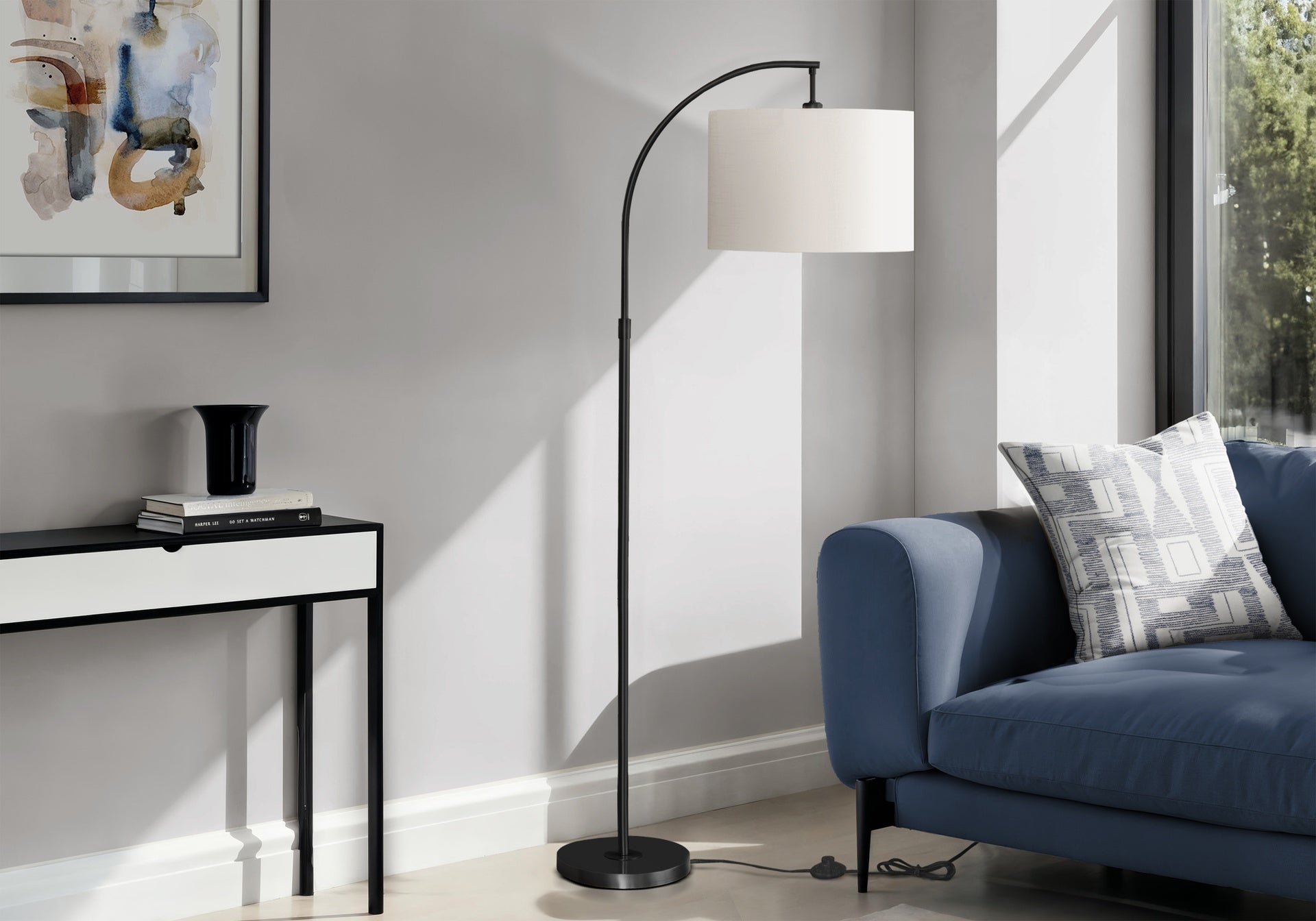 Lighting, 65"h, Floor Lamp, Black Metal, Ivory / Cream Shade, Contemporary