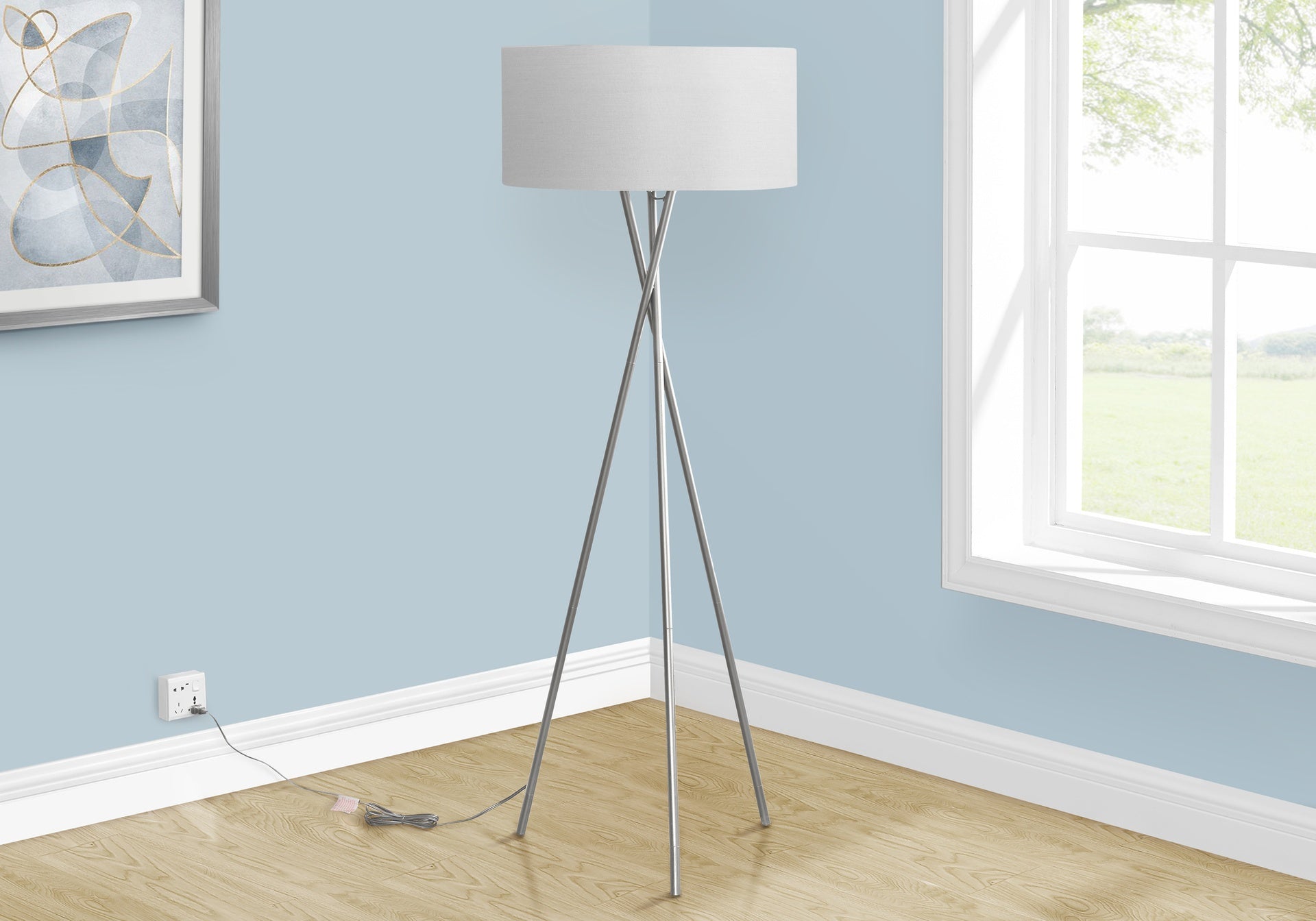 Lighting, 62"h, Floor Lamp, Nickel Metal, Grey Shade, Contemporary