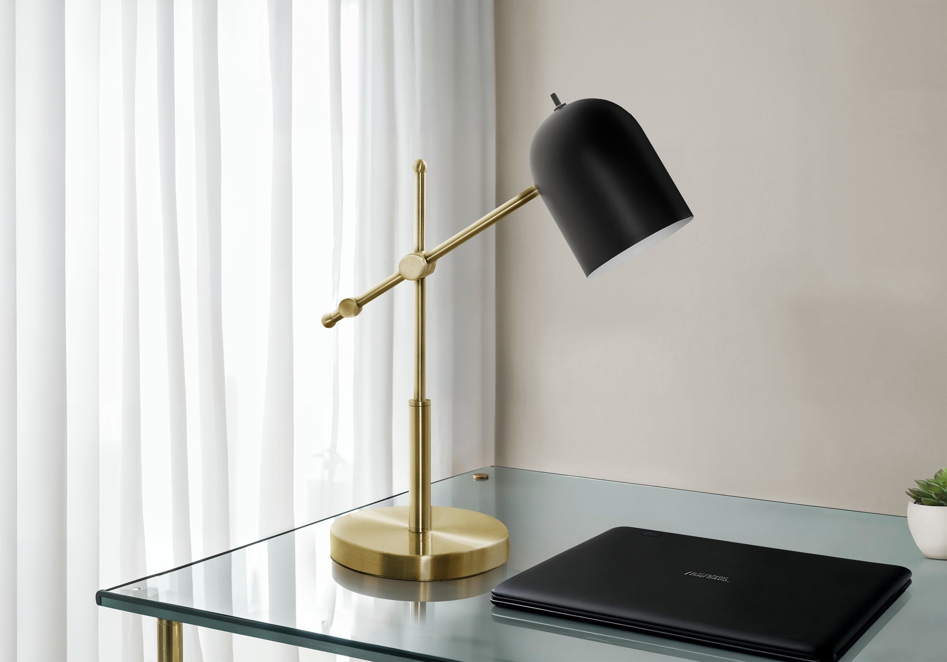 Lighting, 18"h, Brass Metal, Black Shade, Contemporary