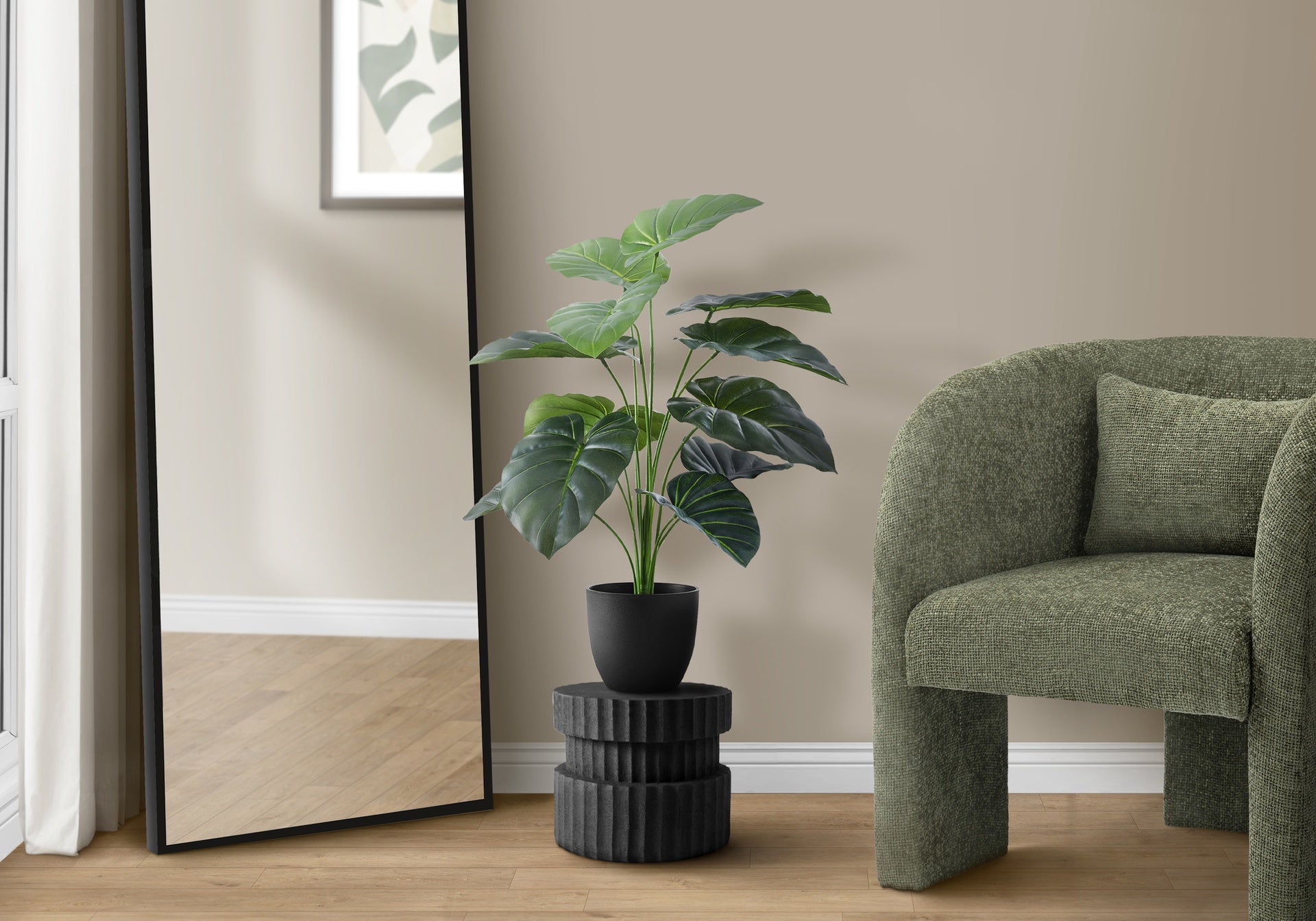 Artificial Plant, 24" Tall, Alocasia, Indoor, Faux, Fake, Table, Greenery, Potted, Real Touch, Decorative, Green Leaves, Black Pot