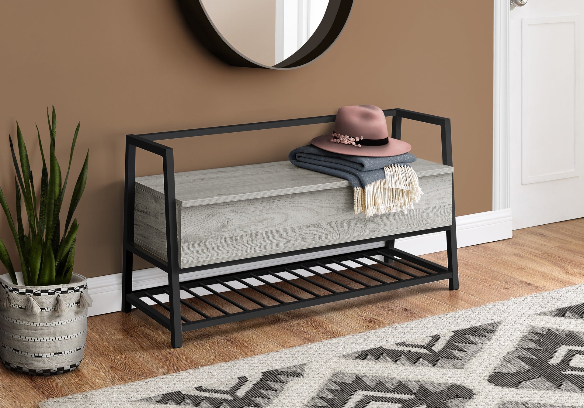 Bench, Entryway, Hallway, Storage, 42" Rectangular, Grey Laminate, Black Metal, Contemporary, Modern