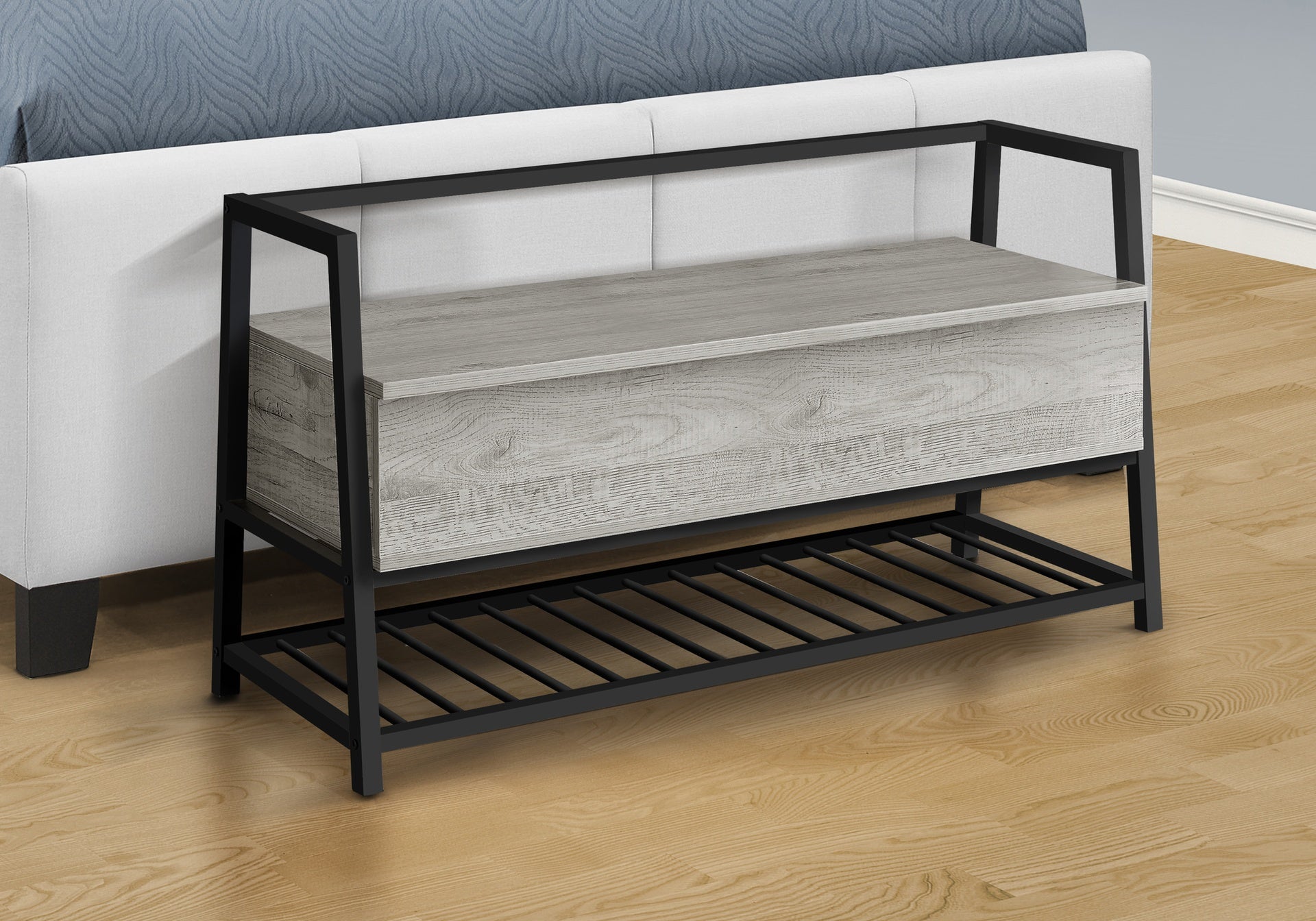 Bench, Entryway, Hallway, Storage, 42" Rectangular, Grey Laminate, Black Metal, Contemporary, Modern