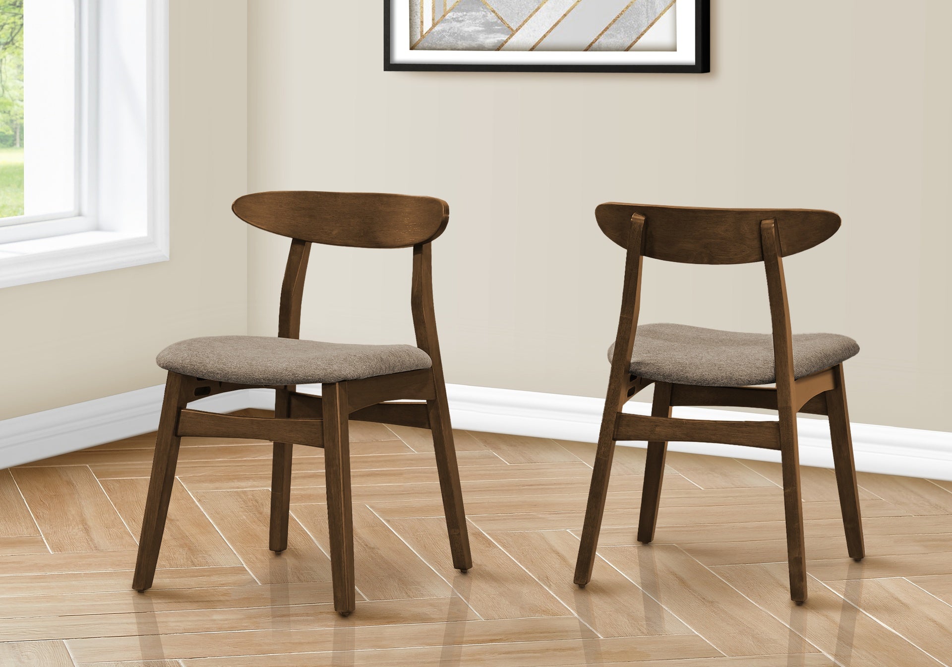 Dining Chair, 32" Height, Set Of 2, Side, Upholstered, Kitchen, Dining Room, Dark Walnut, Beige Fabric, Modern