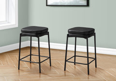 Barstool, Counter Height, Set Of 2, Kitchen, Black Leather Look, Black Metal, Contemporary, Modern