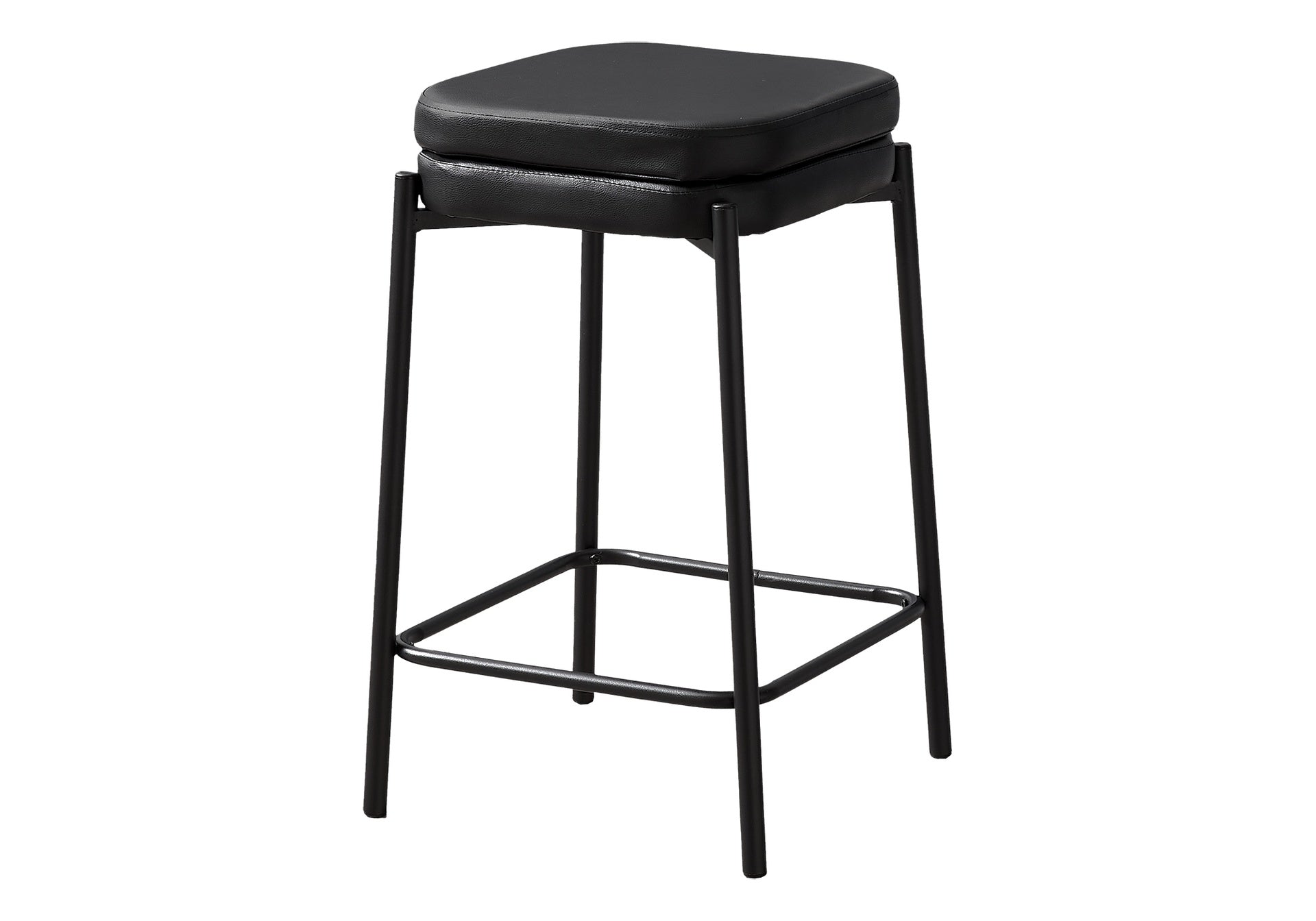 Barstool, Counter Height, Set Of 2, Kitchen, Black Leather Look, Black Metal, Contemporary, Modern