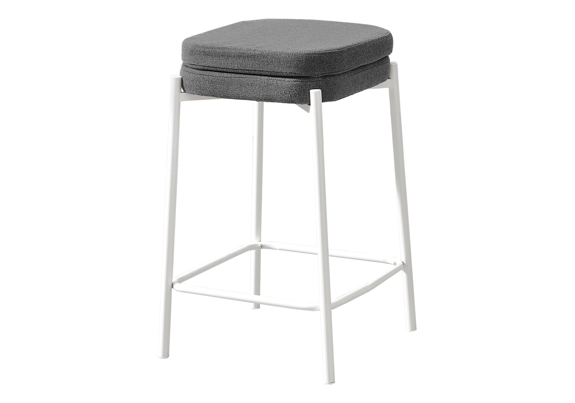 Barstool, Counter Height, Set Of 2, Kitchen, Grey Fabric, White Metal, Contemporary, Modern