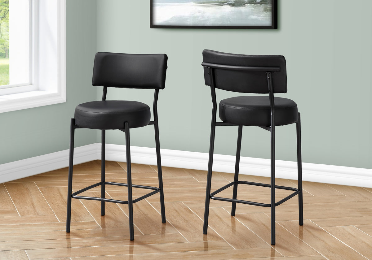 Barstool, Counter Height, Set Of 2, Kitchen, Black Leather Look, Black Metal, Contemporary, Modern