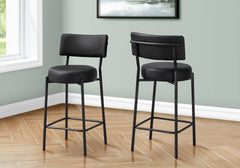 Barstool, Counter Height, Set Of 2, Kitchen, Black Leather Look, Black Metal, Contemporary, Modern