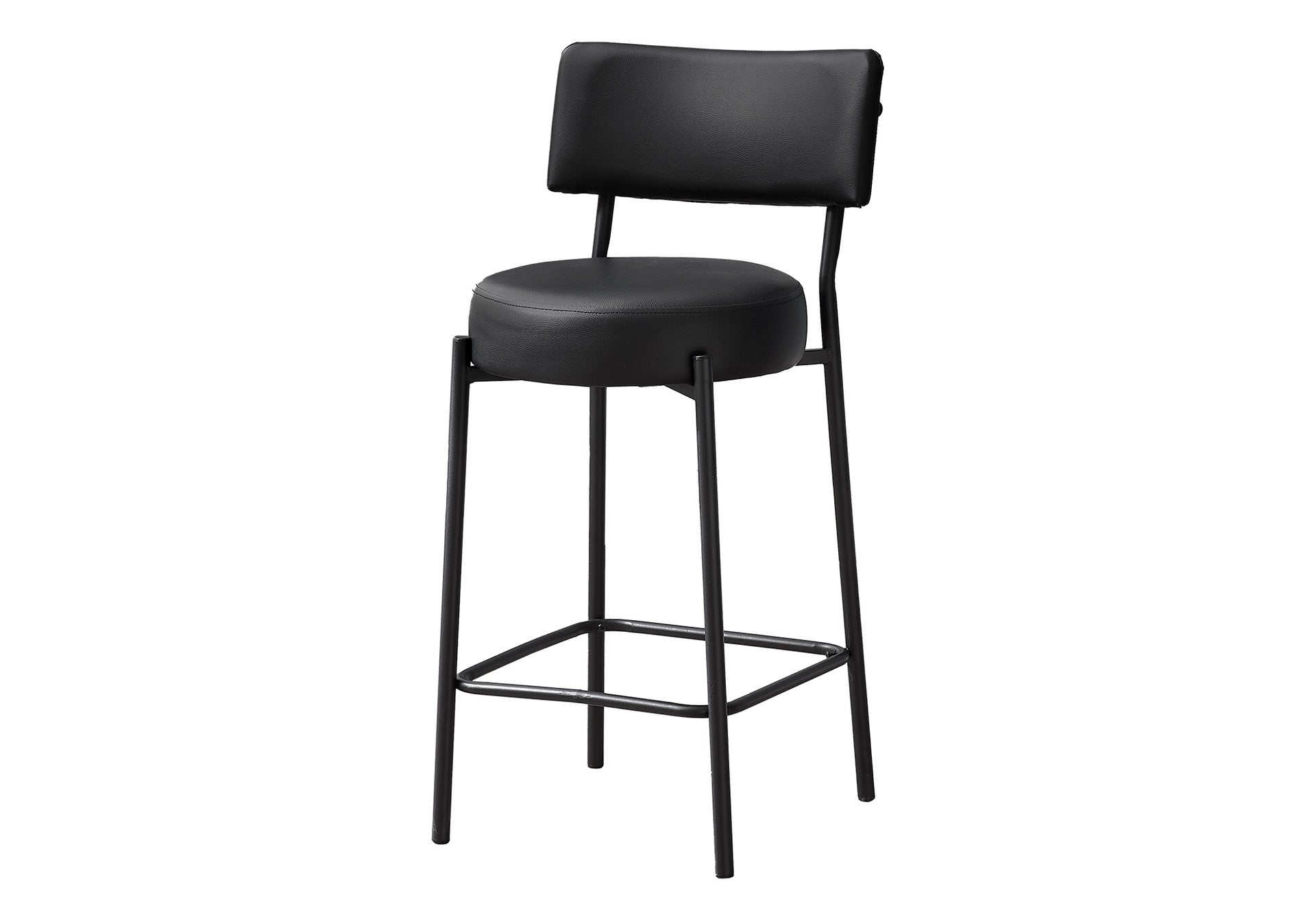 Barstool, Counter Height, Set Of 2, Kitchen, Black Leather Look, Black Metal, Contemporary, Modern