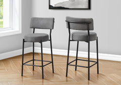 Barstool, Counter Height, Set Of 2, Kitchen, Grey Fabric, Black Metal, Contemporary, Modern