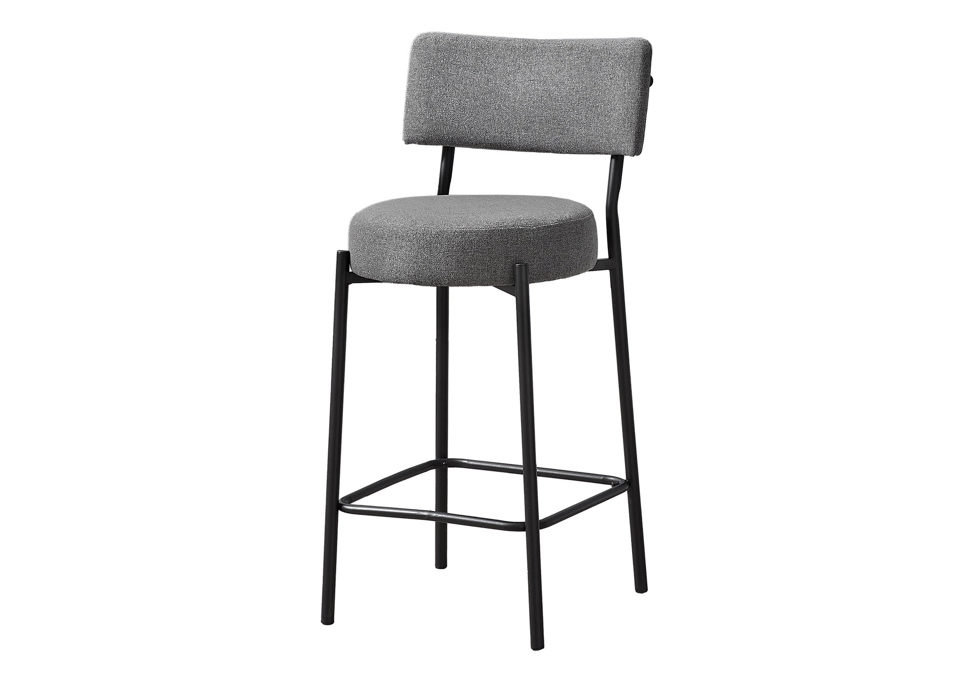 Barstool, Counter Height, Set Of 2, Kitchen, Grey Fabric, Black Metal, Contemporary, Modern