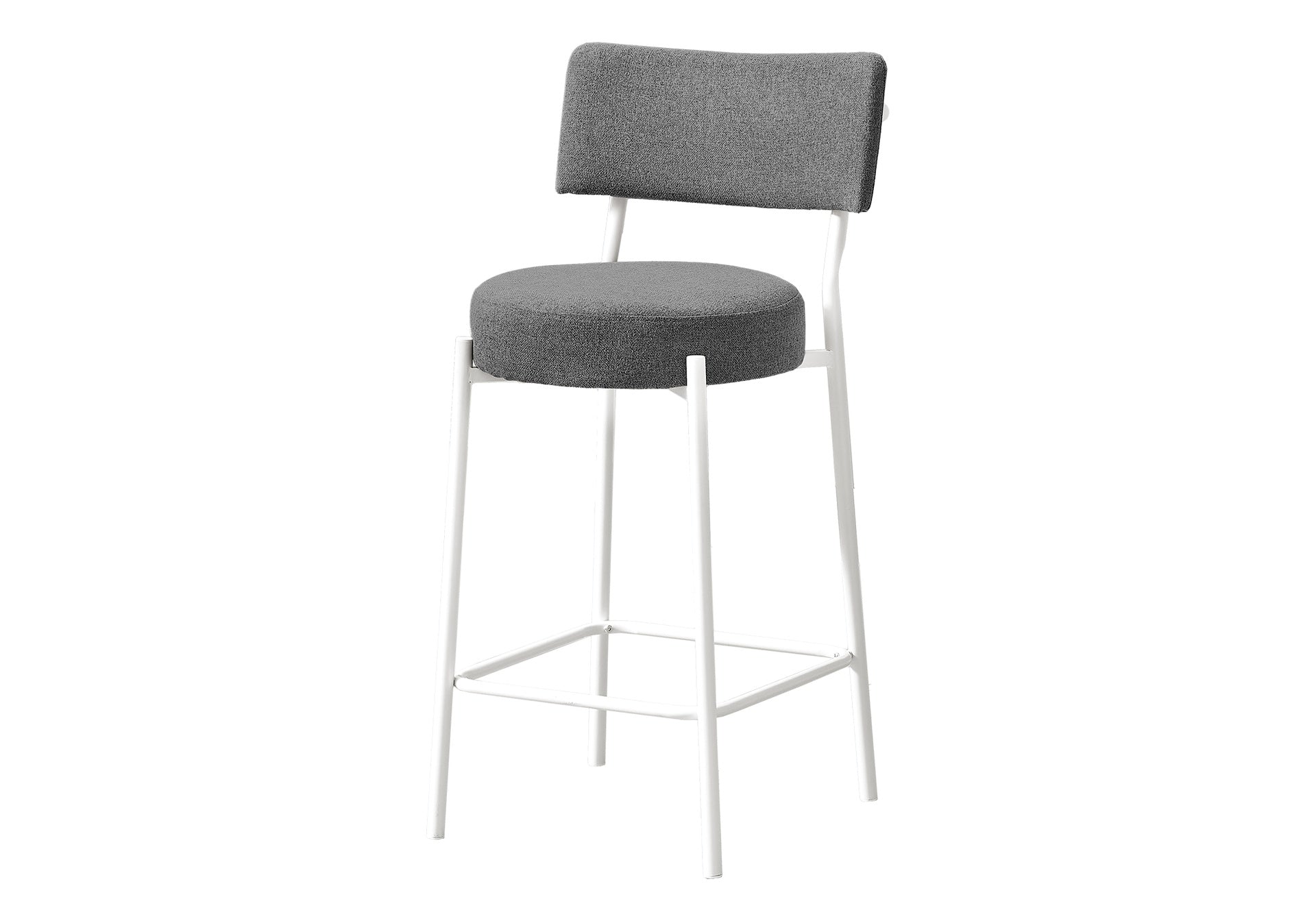 Barstool, Counter Height, Set Of 2, Kitchen, Grey Fabric, White Metal, Contemporary, Modern
