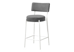 Barstool, Counter Height, Set Of 2, Kitchen, Grey Fabric, White Metal, Contemporary, Modern