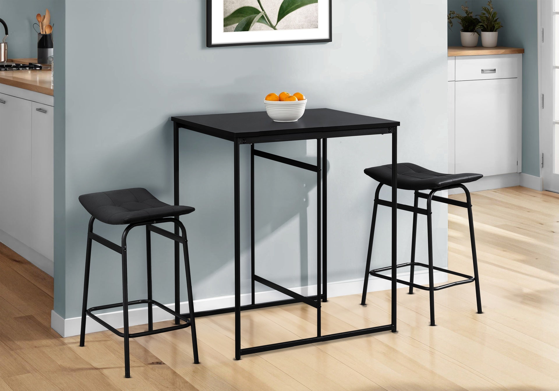 Barstool, Counter Height, Set Of 2, Kitchen, Black Leather Look, Black Metal, Contemporary, Modern