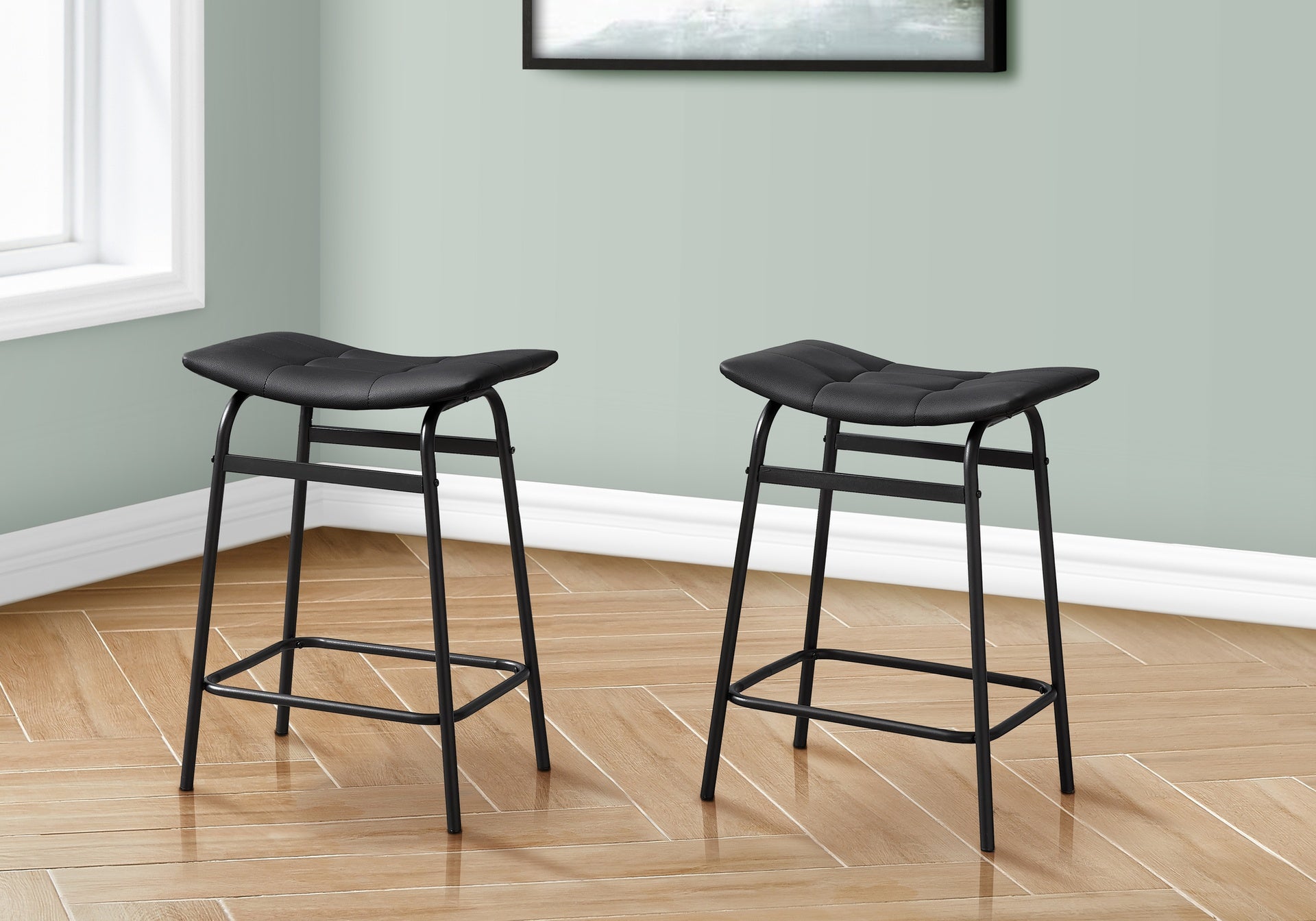 Barstool, Counter Height, Set Of 2, Kitchen, Black Leather Look, Black Metal, Contemporary, Modern