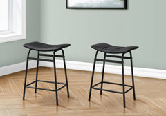 Barstool, Counter Height, Set Of 2, Kitchen, Black Leather Look, Black Metal, Contemporary, Modern