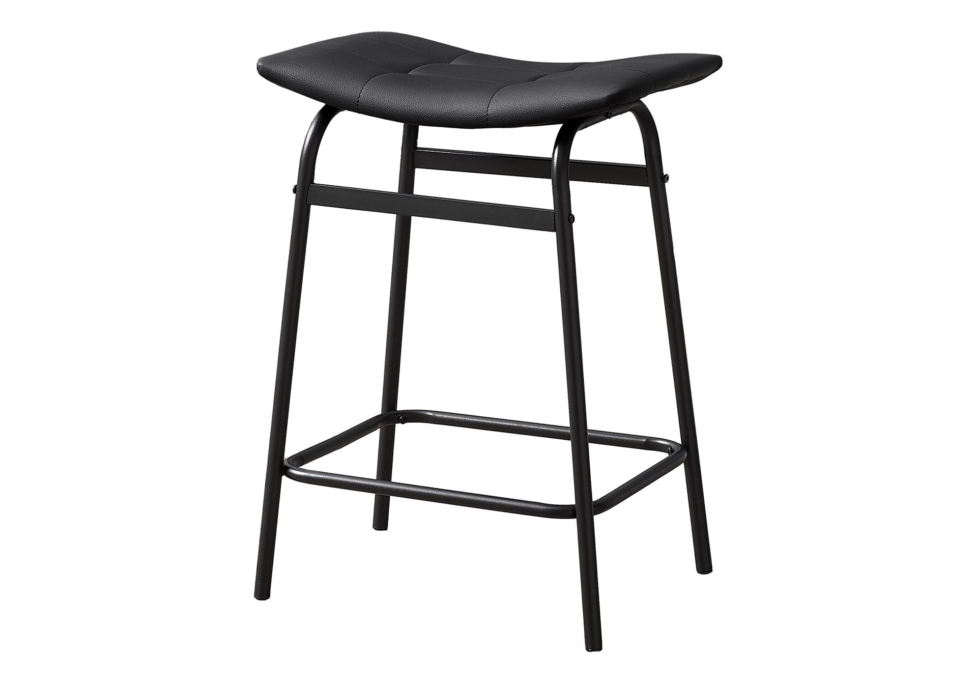 Barstool, Counter Height, Set Of 2, Kitchen, Black Leather Look, Black Metal, Contemporary, Modern