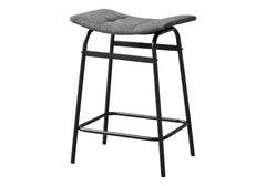 Barstool, Counter Height, Set Of 2, Kitchen, Grey Fabric, Black Metal, Contemporary, Modern
