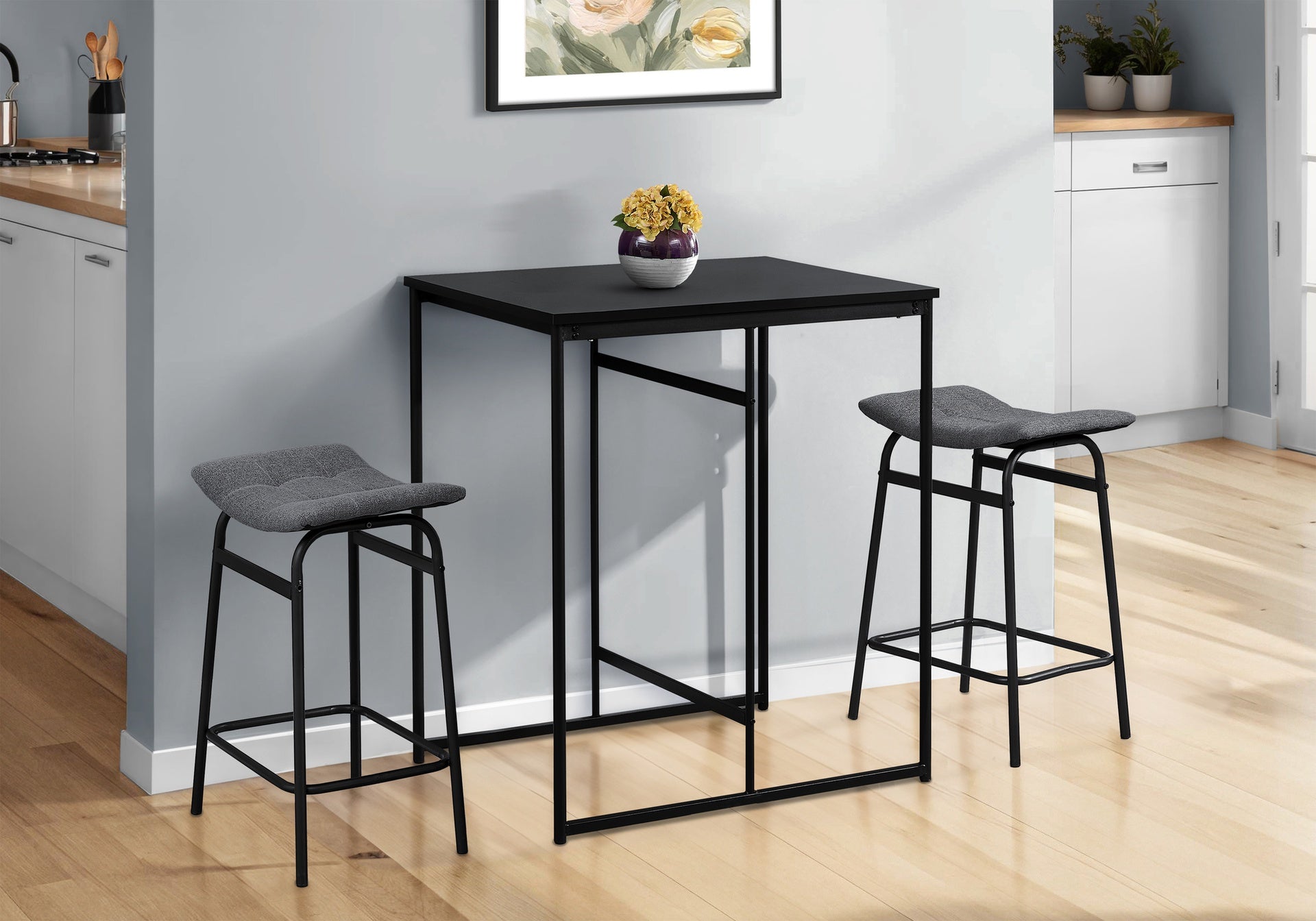 Barstool, Counter Height, Set Of 2, Kitchen, Grey Fabric, Black Metal, Contemporary, Modern