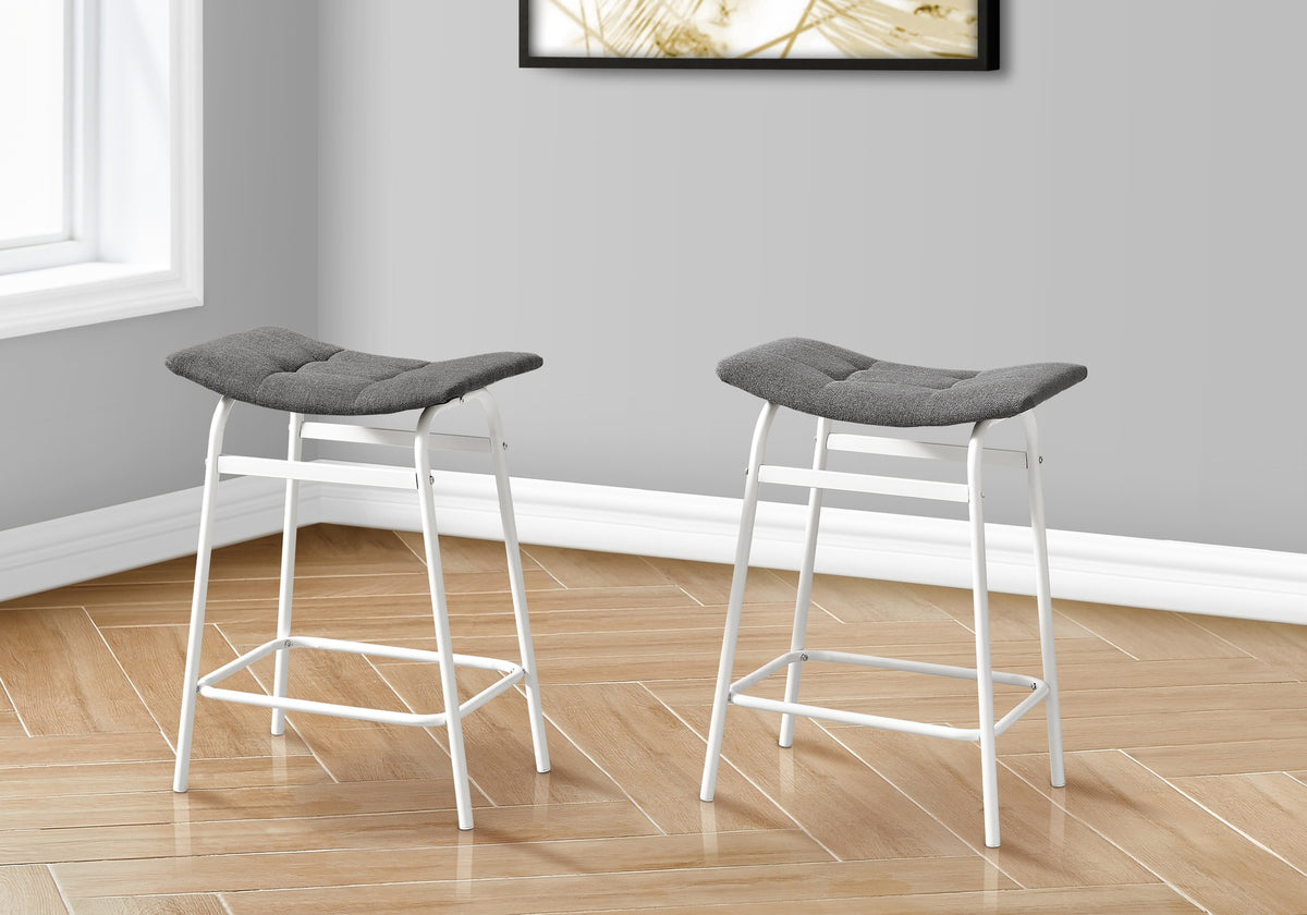 Barstool, Counter Height, Set Of 2, Kitchen, Grey Fabric, White Metal, Contemporary, Modern