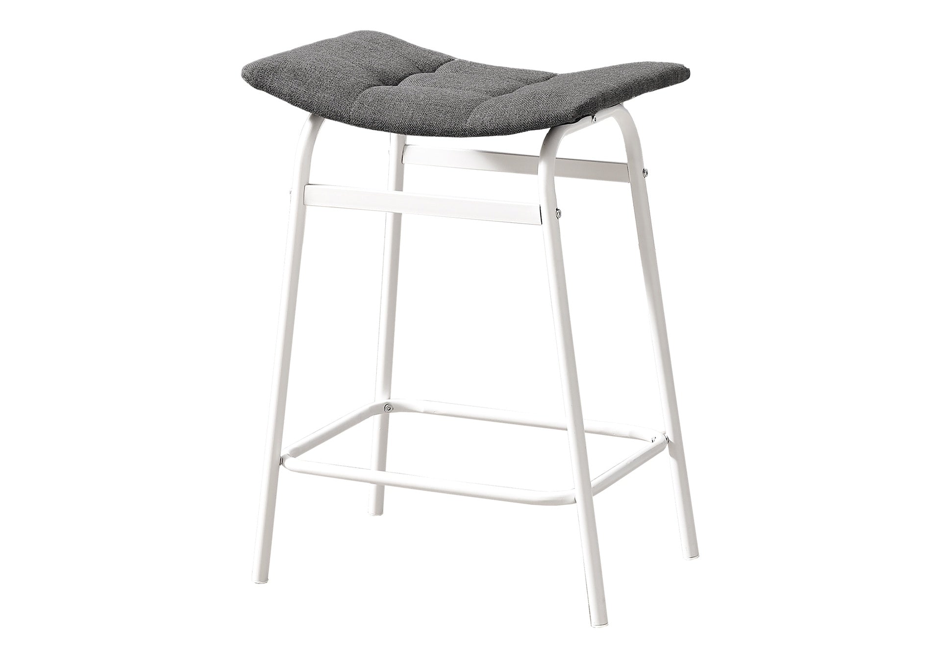 Barstool, Counter Height, Set Of 2, Kitchen, Grey Fabric, White Metal, Contemporary, Modern