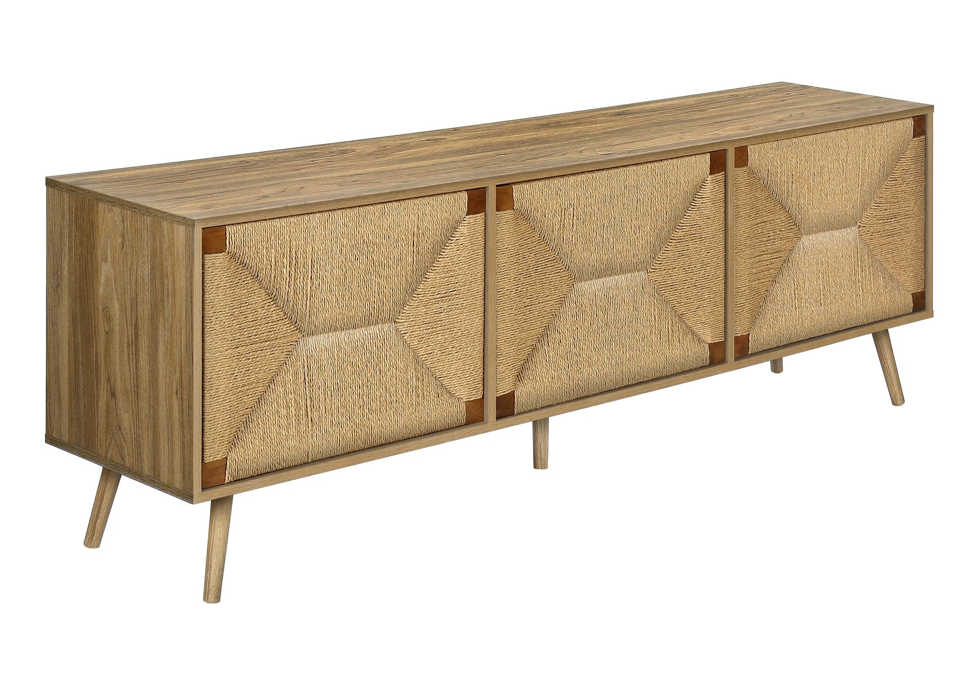 Tv Stand, 72 Inch, Media Entertainment Center, Storage Cabinet, Console, Walnut Laminate, Natural Seagrass, Mid Century, Modern