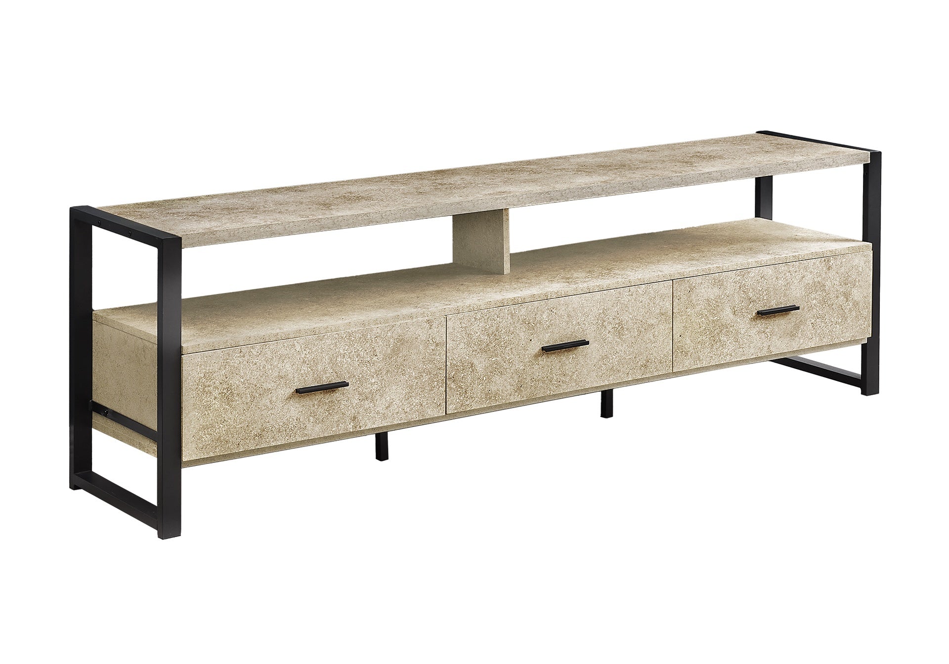 Tv Stand, 72 Inch, Media Entertainment Center, Storage Drawers, Cream Stone Laminate, Black Metal, Contemporary, Modern