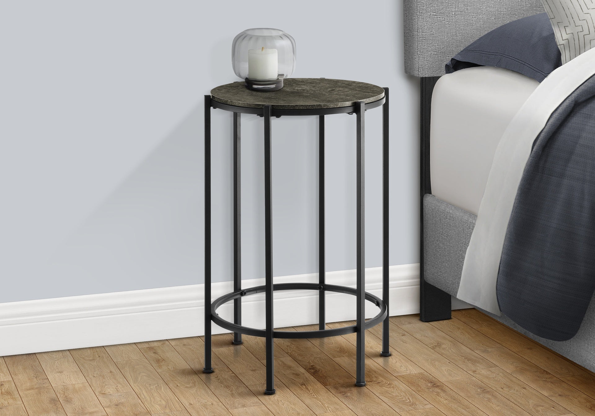 Accent Table, End, Round, Side Table, Small, Lamp, Living Room, Bedroom, Nightstand, Dark Bronze Laminate, Black Metal, Contemporary