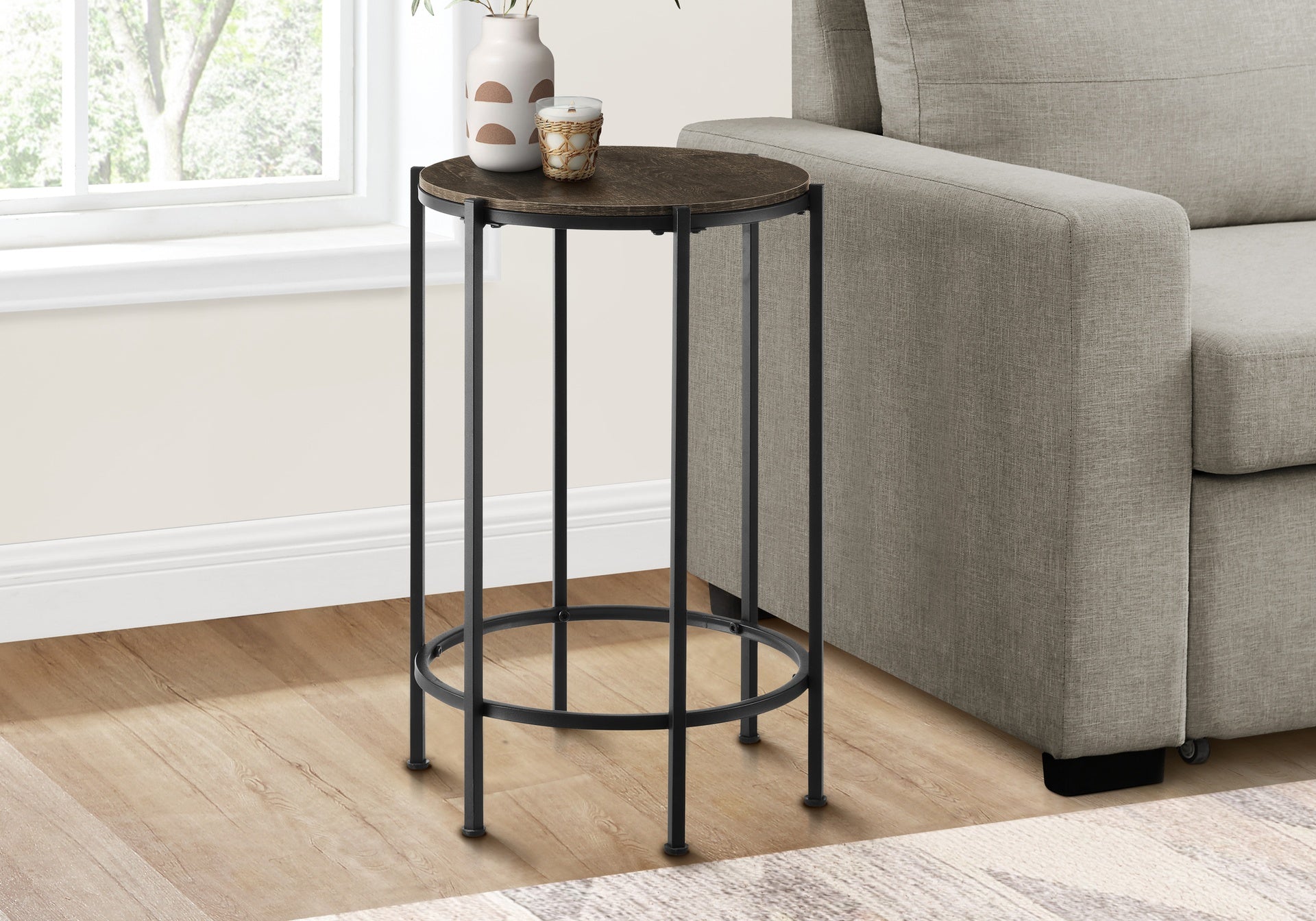 Accent Table, End, Round, Side Table, Small, Lamp, Living Room, Bedroom, Nightstand, Dark Oak Laminate, Black Metal, Contemporary