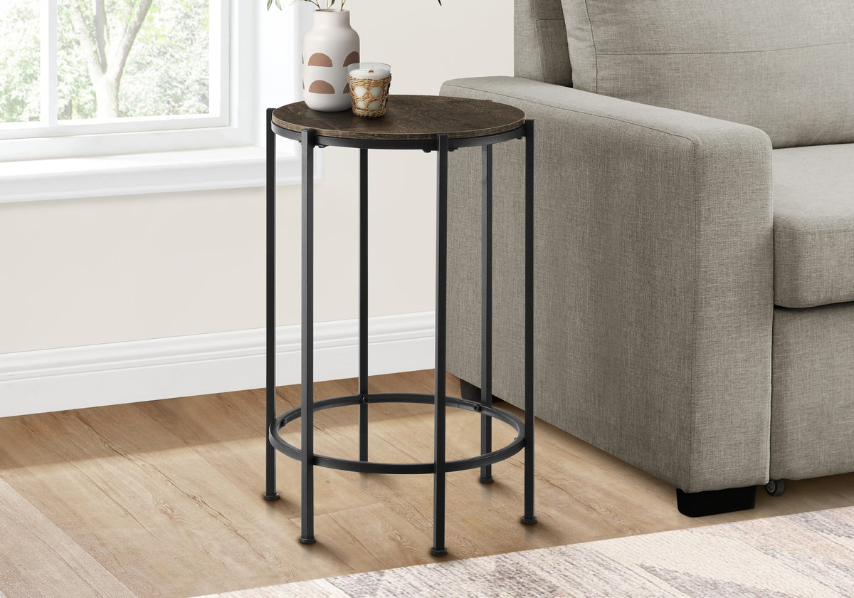 Accent Table, End, Round, Side Table, Small, Lamp, Living Room, Bedroom, Nightstand, Dark Oak Laminate, Black Metal, Contemporary