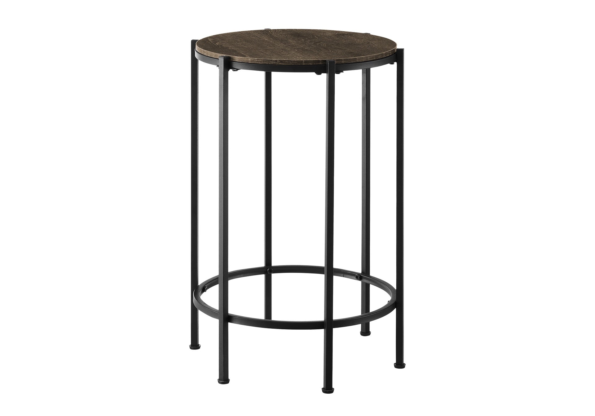 Accent Table, End, Round, Side Table, Small, Lamp, Living Room, Bedroom, Nightstand, Dark Oak Laminate, Black Metal, Contemporary