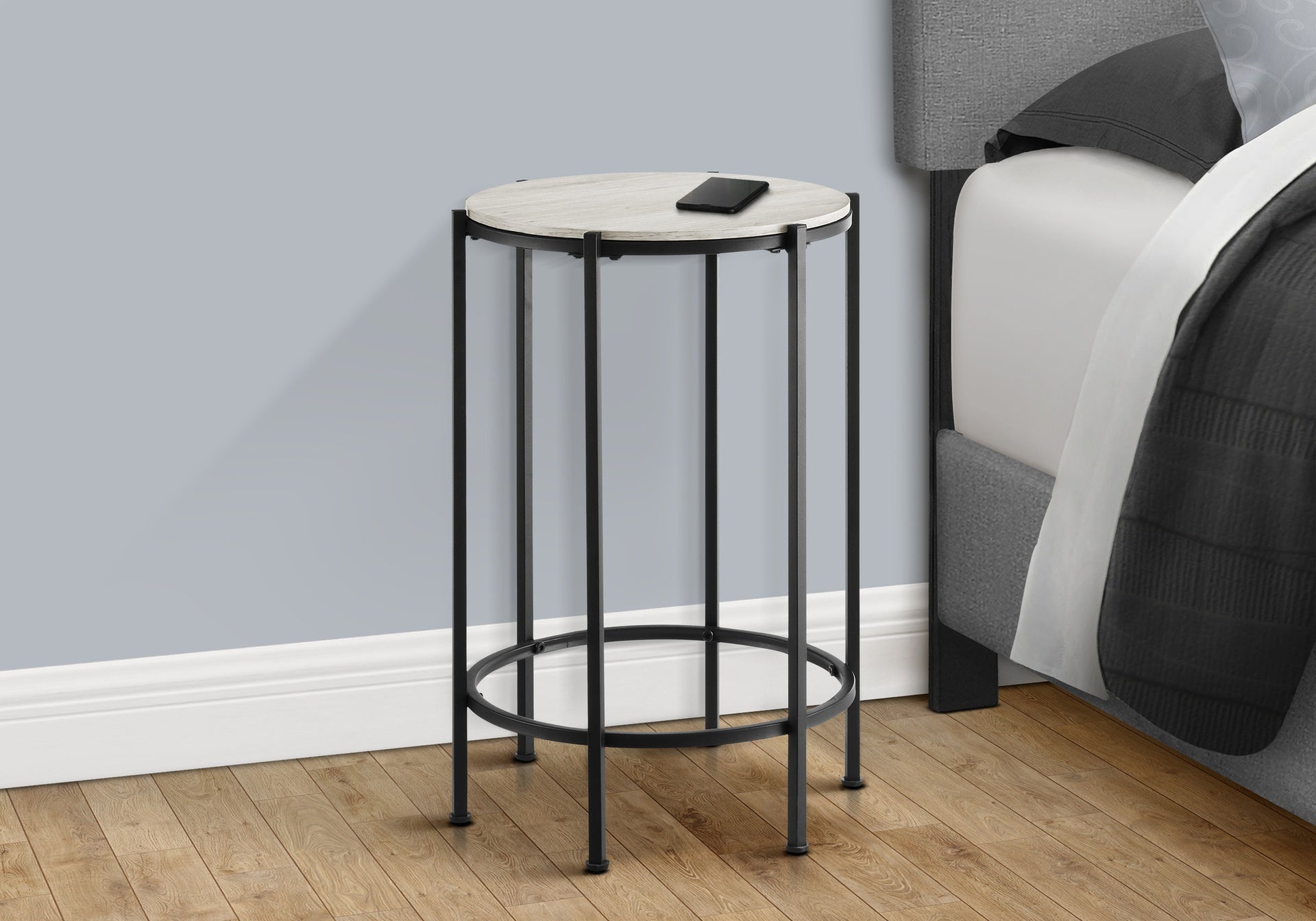 Accent Table, End, Round, Side Table, Small, Lamp, Living Room, Bedroom, Nightstand, Washed Oak Laminate, Black Metal, Contemporary