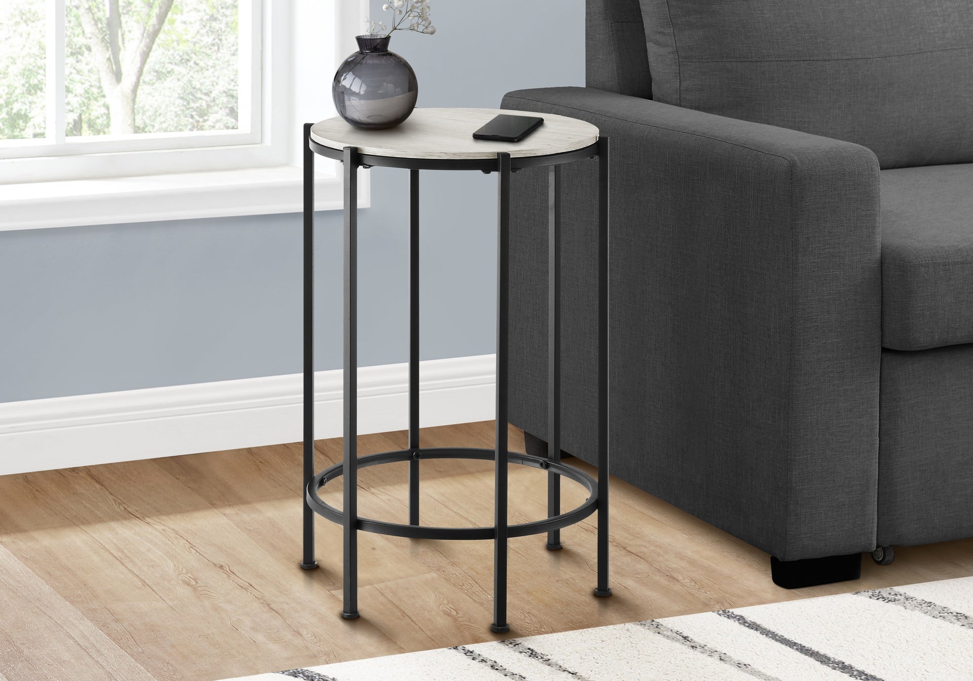 Accent Table, End, Round, Side Table, Small, Lamp, Living Room, Bedroom, Nightstand, Washed Oak Laminate, Black Metal, Contemporary